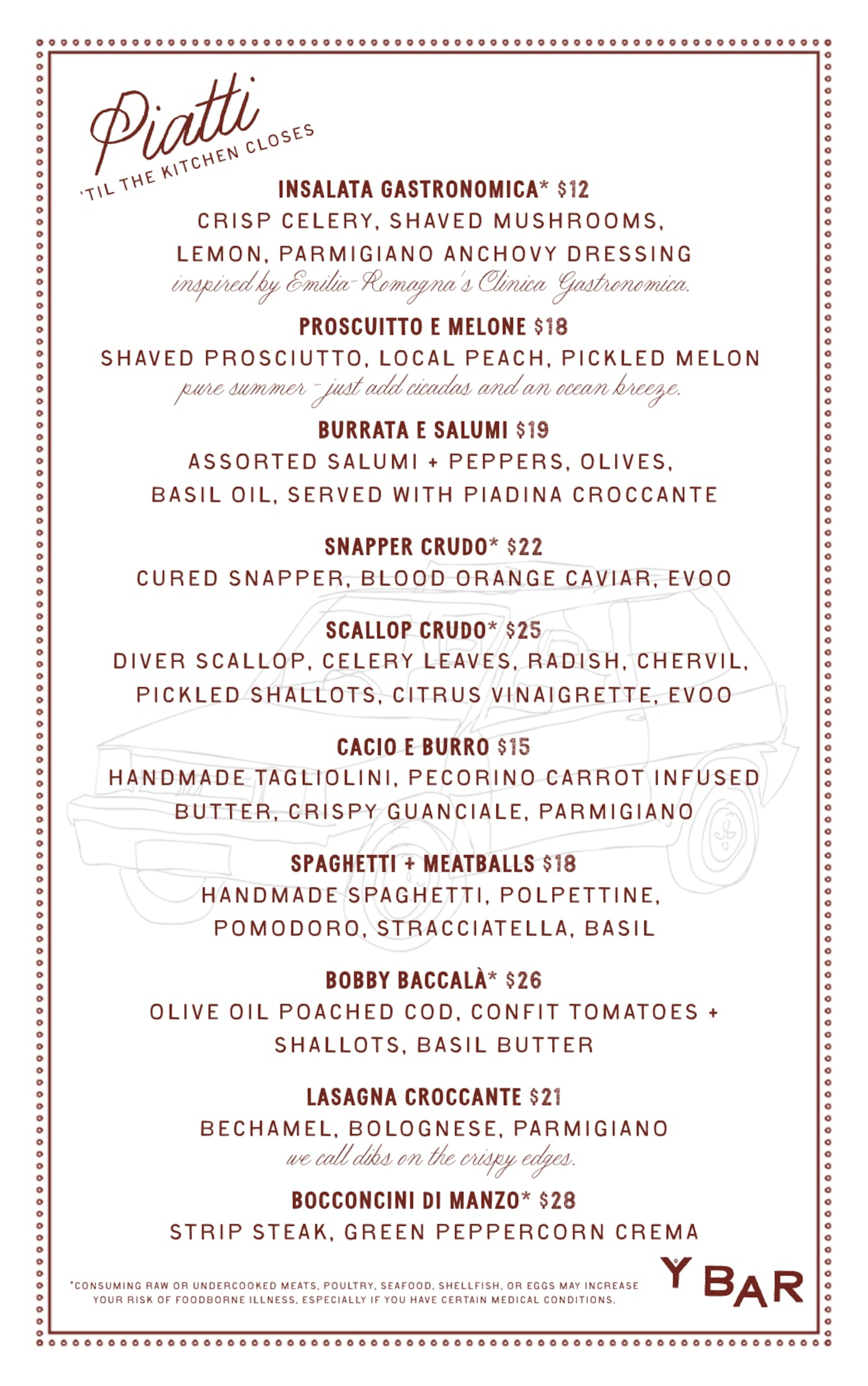 See the piatti menu for Y Bar e Ristorante in Buckhead Village. (Courtesy of Y Bar e Ristorante)