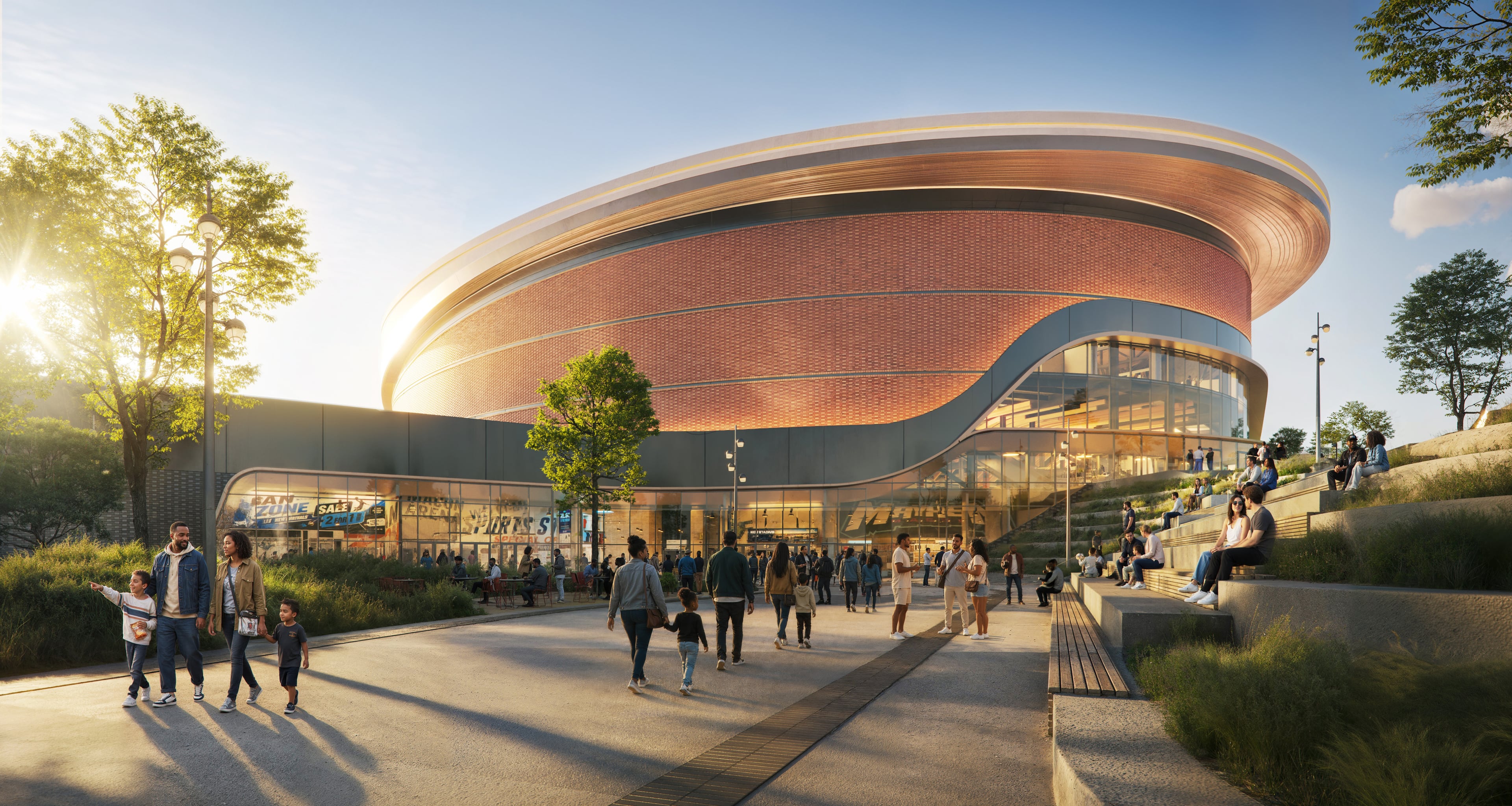 A side-view rendering of Macon's planned new arena, which is expected to open in summer 2028. (Macon-Bibb County)