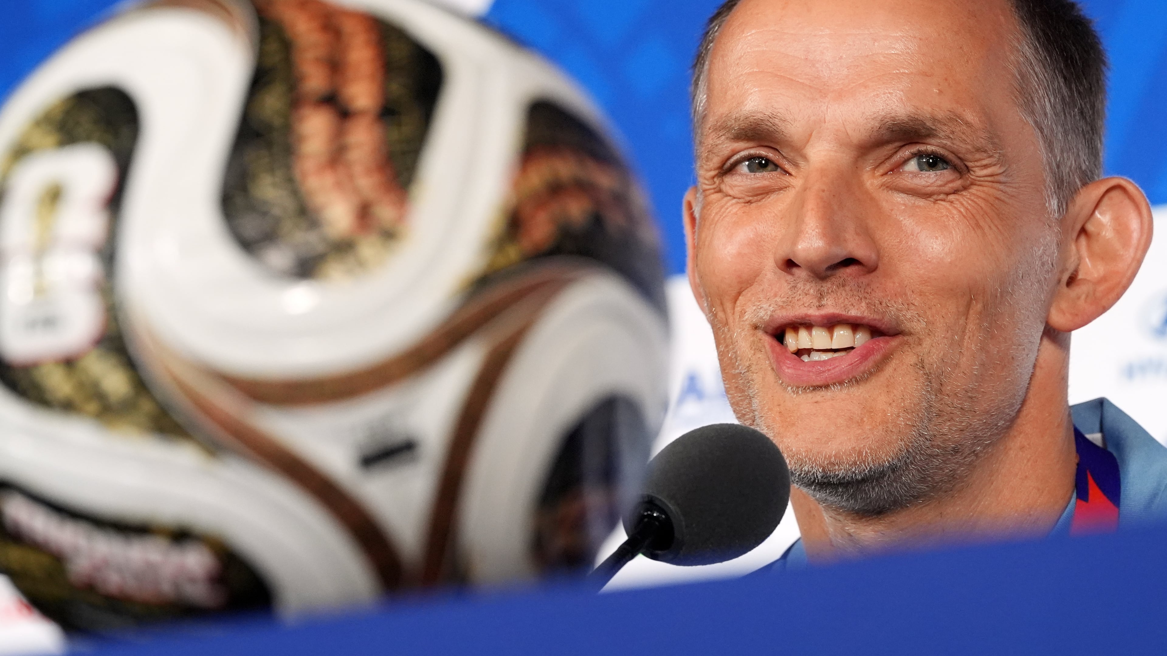 England head coach Thomas Tuchel speaks during a press conference on the eve of England's World Cup semifinal soccer match against Argentina, in Atlanta, Tuesday, July 14, 2026. (AP Photo/Rebecca Blackwell)