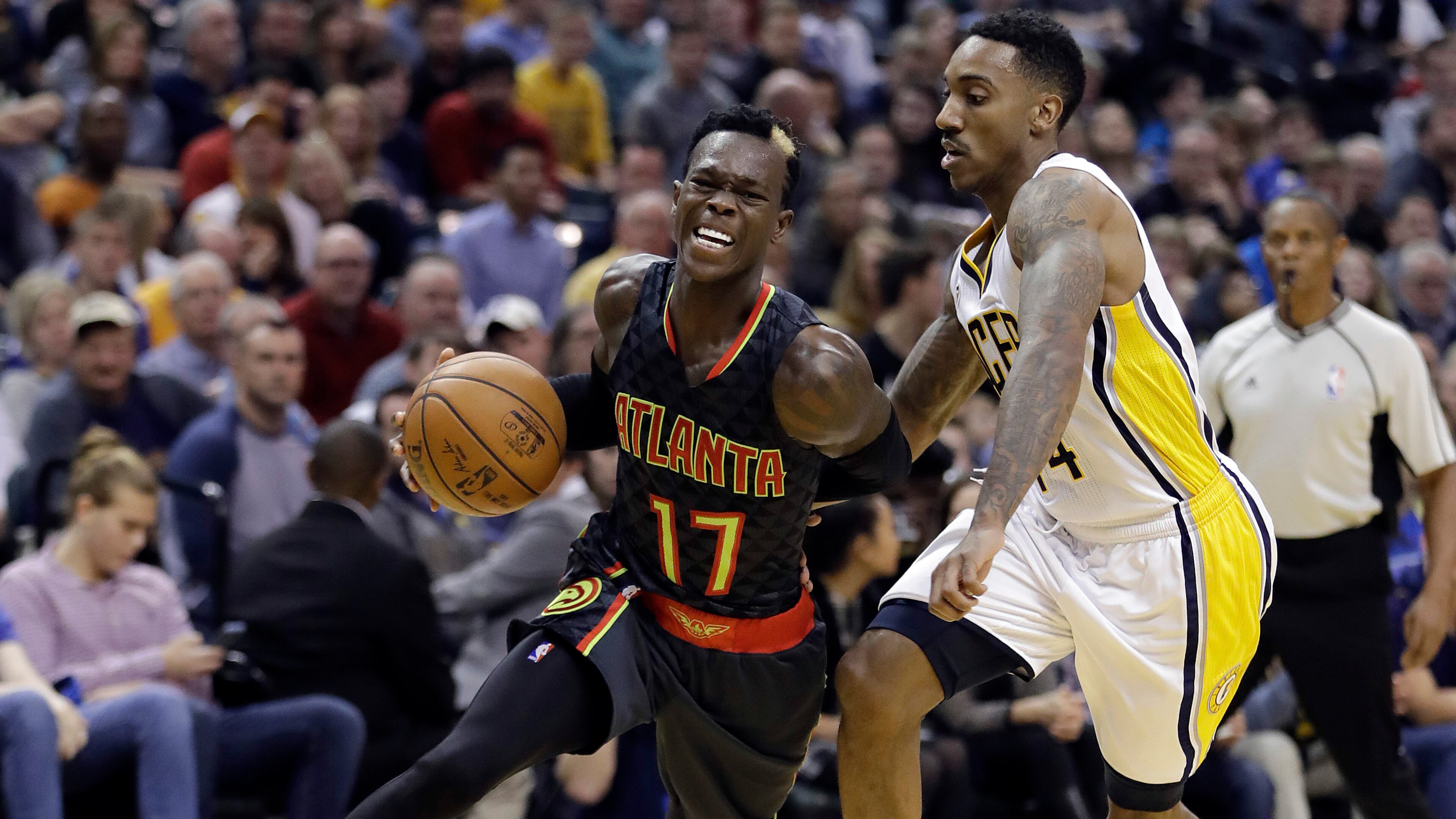 Atlanta Hawks’ Dennis Schroder (17) goes to the basket against Indiana Pacers’ Jeff Teague during the second half of an NBA basketball game Wednesday, Nov. 23, 2016, in Indianapolis. Atlanta defeated Indiana 96-85. (AP Photo/Darron Cummings)