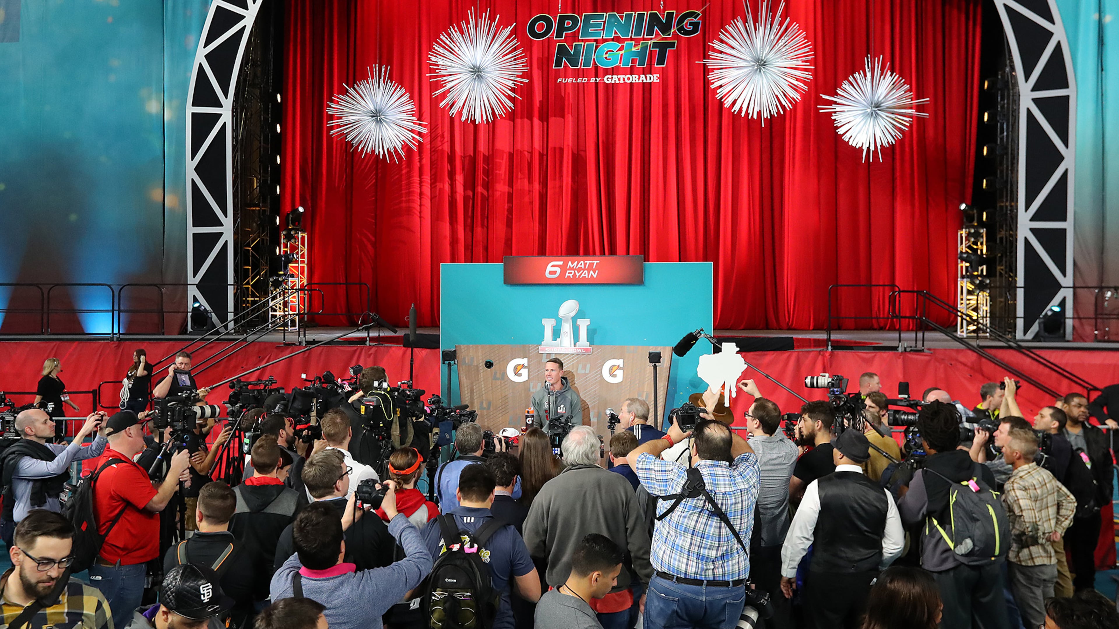 January 30, 2017, Houston: Matt Ryan is surrounded by news media asking questions at Super Bowl Opening Night on Monday, Jan. 30, 2017, at Minute Maid Park in Houston. Curtis Compton/ccompton@ajc.com