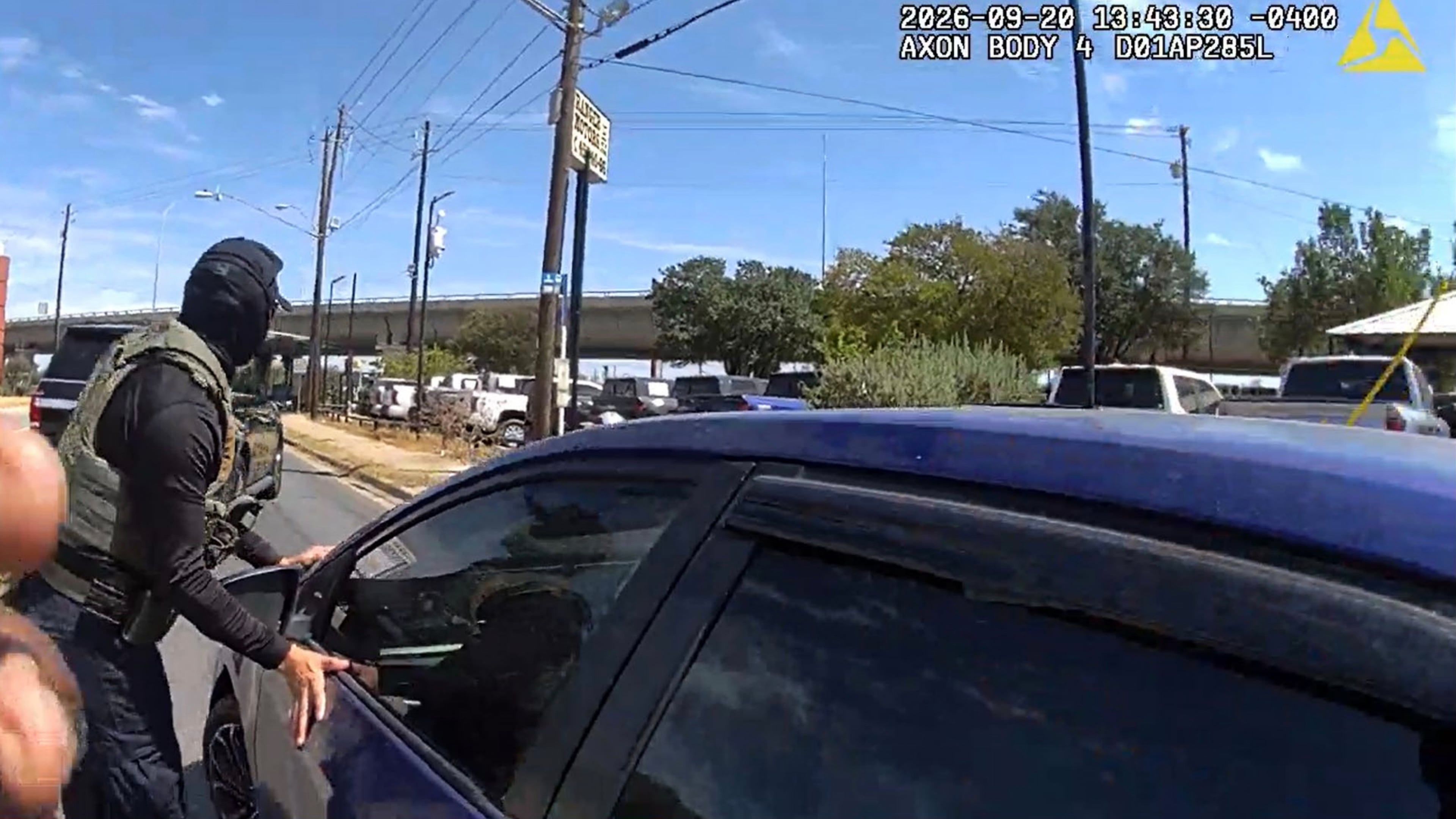 This image made from Immigration and Customs Enforcement (ICE) body camera footage shows an ICE officer stopping Wilber Rafael Garces Perez on Sunday, Sept. 20, 2026, in Austin, Texas. (Immigration and Customs Enforcement via AP)