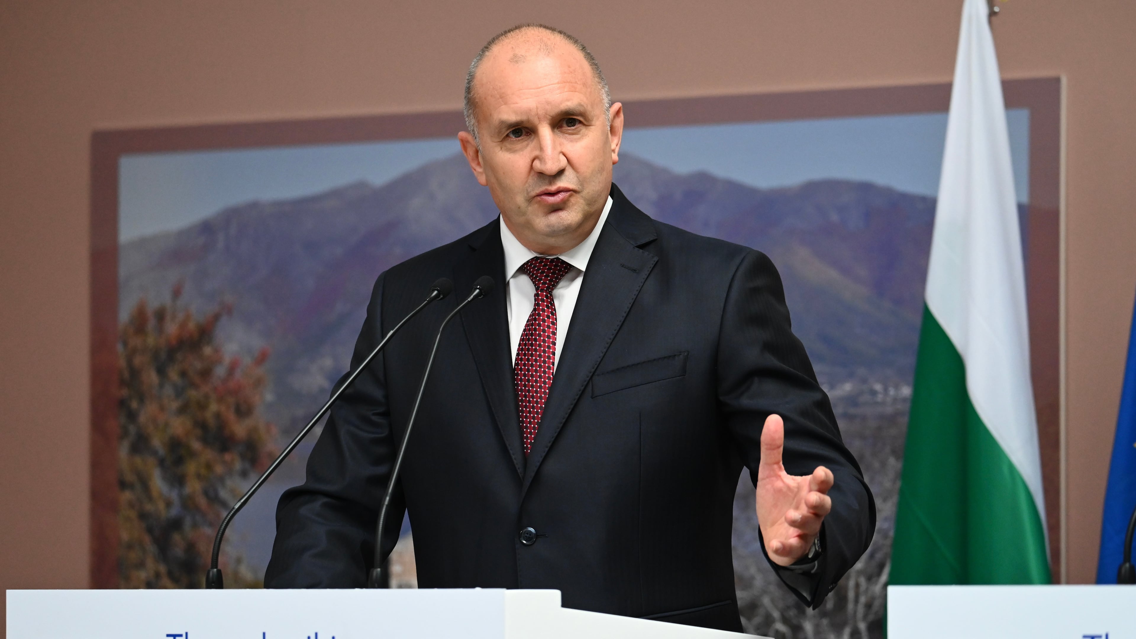 Bulgarian Prime Minister Rumen Radev speaks during a handover ceremony of the remains of medieval ruler Czar Samuel, in Thessaloniki, northern Greece, Saturday, Oct. 3, 2026. (AP Photo/Giannis Papanikos)