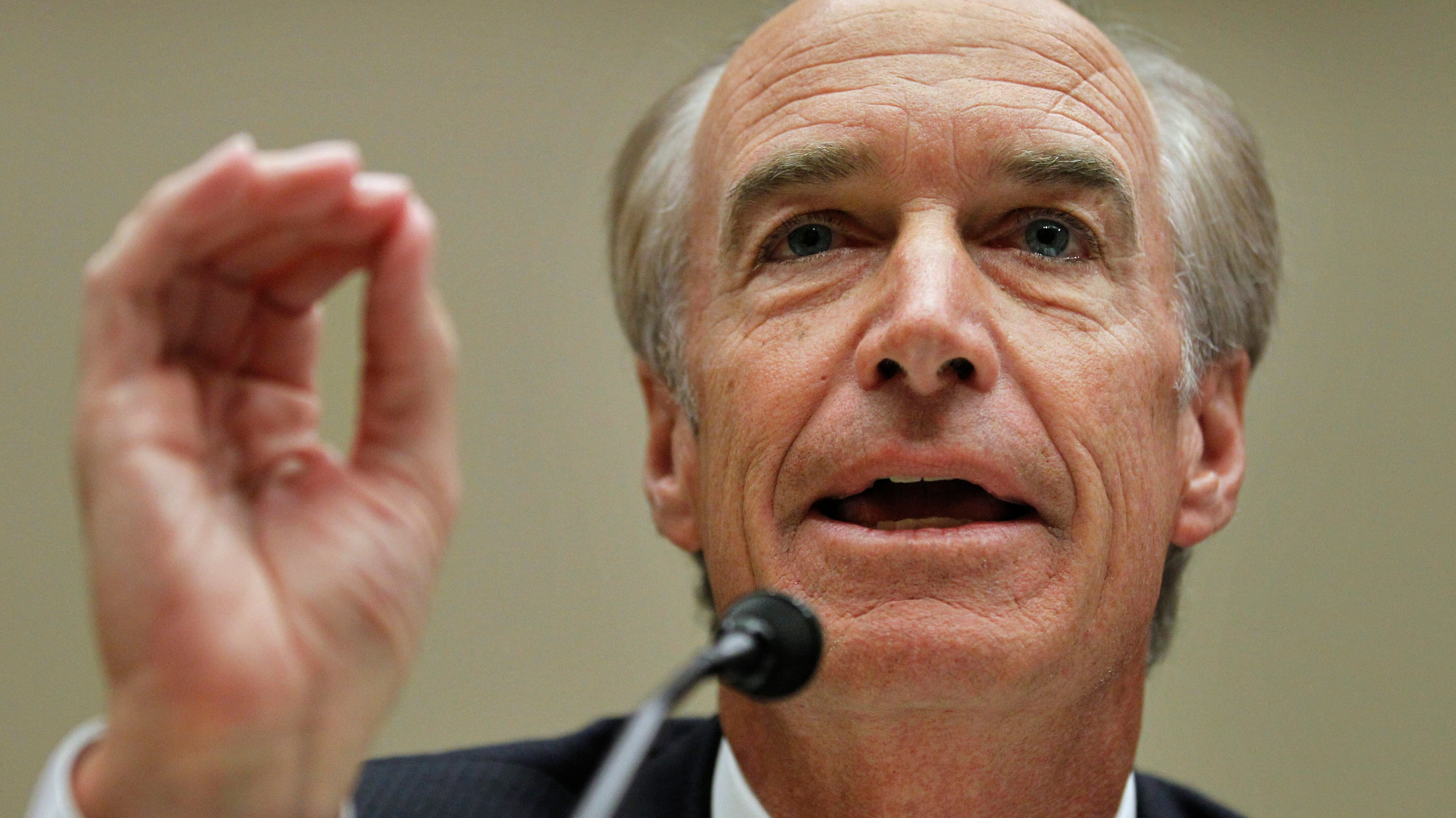 FILE - Department of the Interior Former Secretary Dirk Kempthorne, testifiesduring a joint House Subcommittees' hearing of Oversight and Investigations, and of Energy and Environment, regarding the role of the Interior Department in the Deepwater Horizon disaster, on Capitol Hill in Washington, Tuesday, July 20, 2010. (AP Photo/Manuel Balce Ceneta, File)