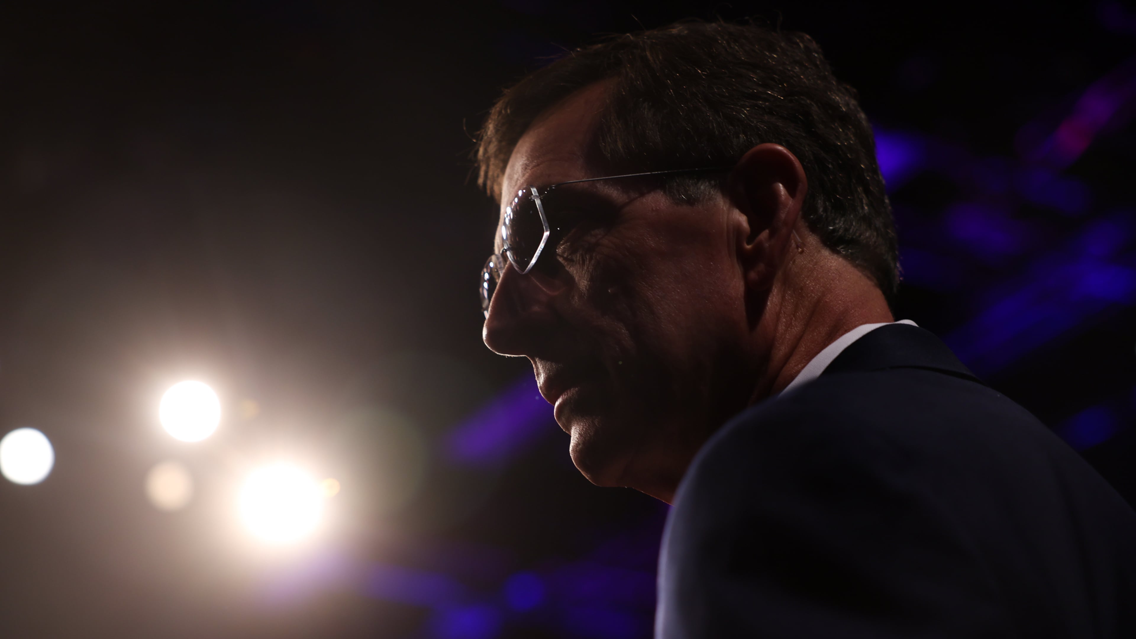 Republican candidate for governor Brad Raffensperger, Georgia's Secretary of State, appears before the Atlanta Press Club Loudermilk-Young debate at Georgia Public Broadcasting in Atlanta on April 27, 2026. (Arvin Temkar/Atlanta Journal-Constitution via AP)