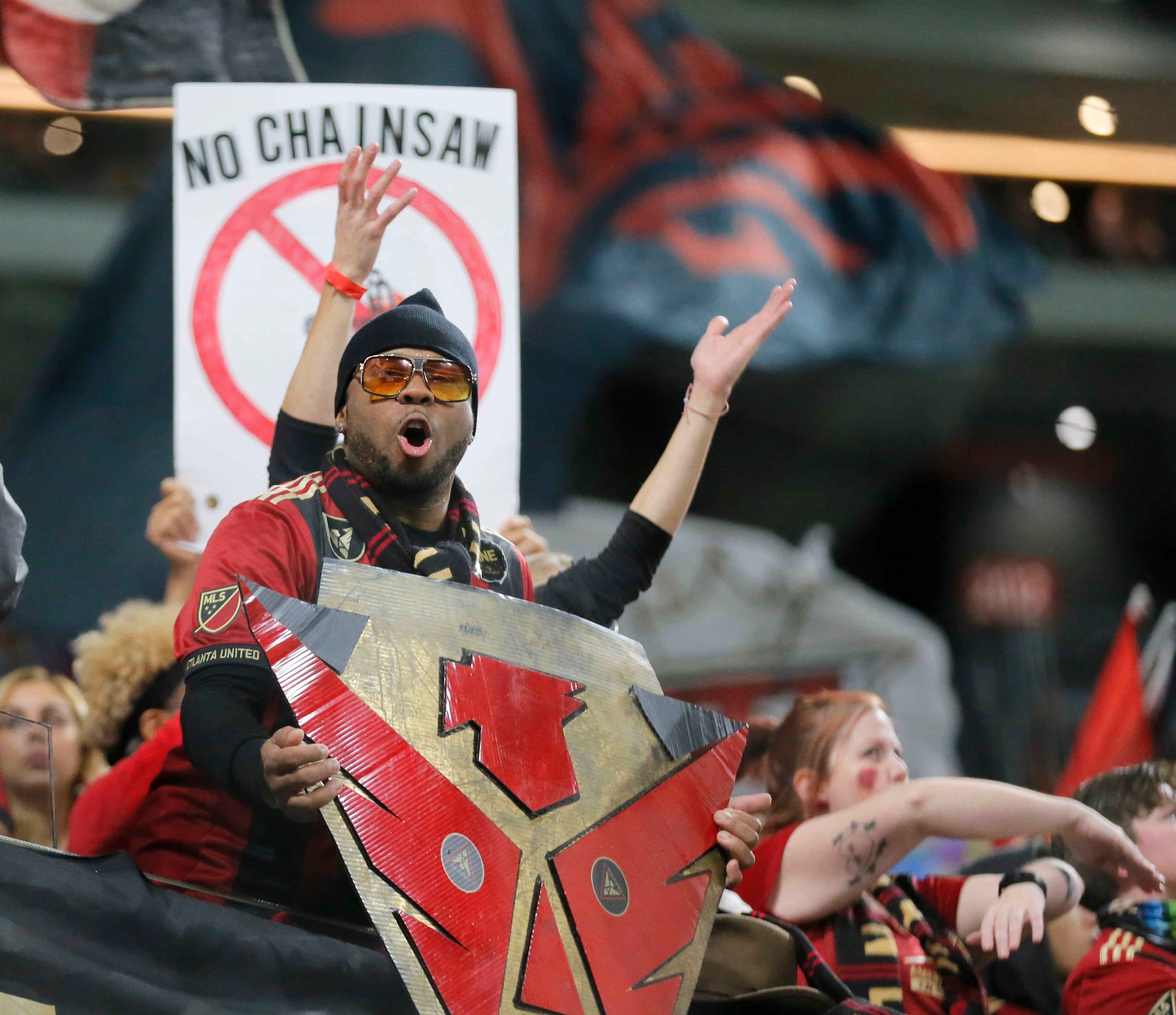 12/8/18 - Atlanta - Fans cheer on their team during warmups. The Atlanta United soccer team plays the Portland Timbers for the MLS Cup, the championship game of the Major League Soccer League at Mercedes-Benz Stadium in Atlanta. BOB ANDRES / BANDRES@AJC.COM