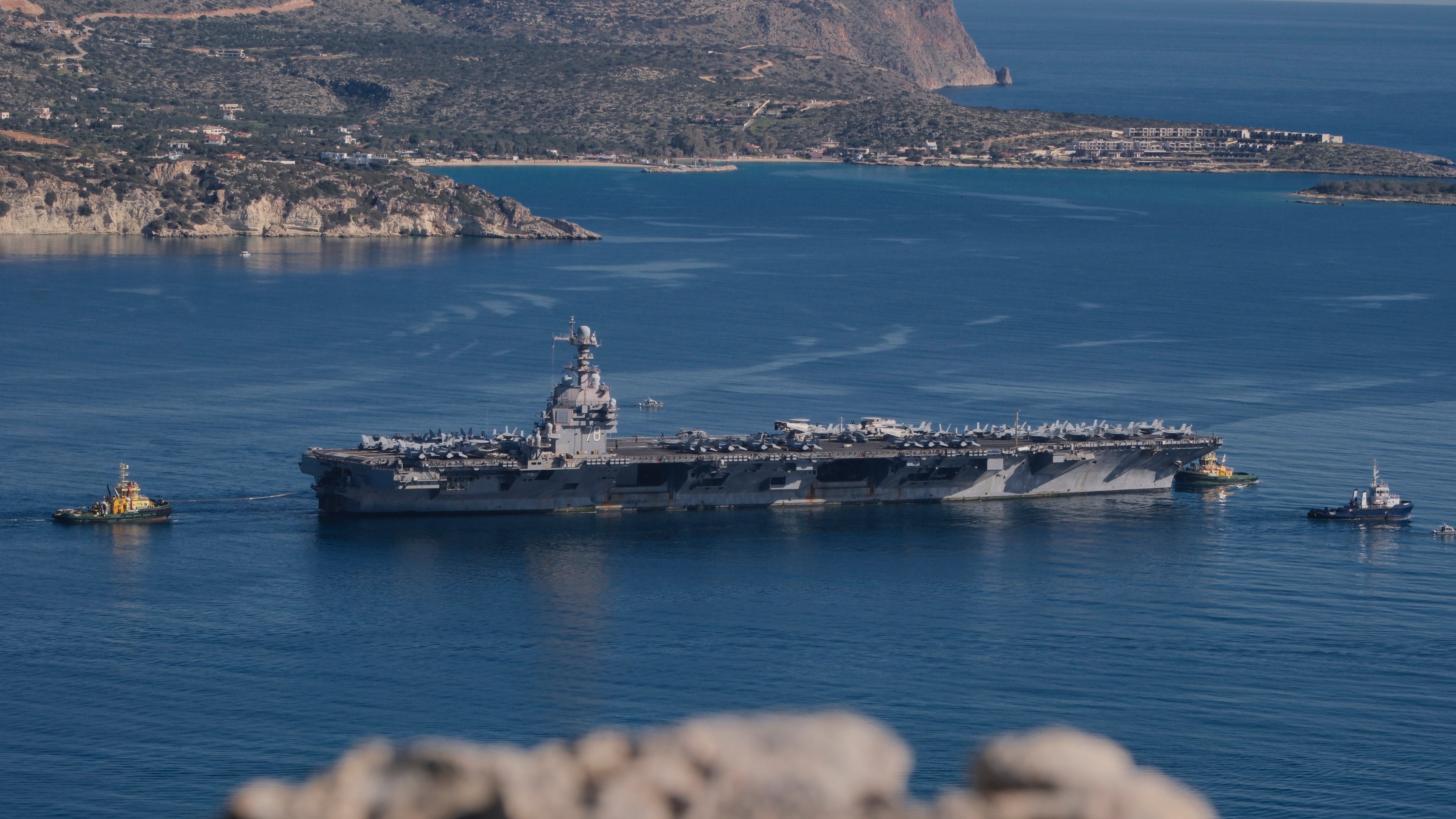 FILE - The USS Gerald R. Ford departs from Souda Naval Base near Chania on the island of Crete, Greece, Feb. 26, 2026. (AP Photo/Giannis Angelakis, File)
