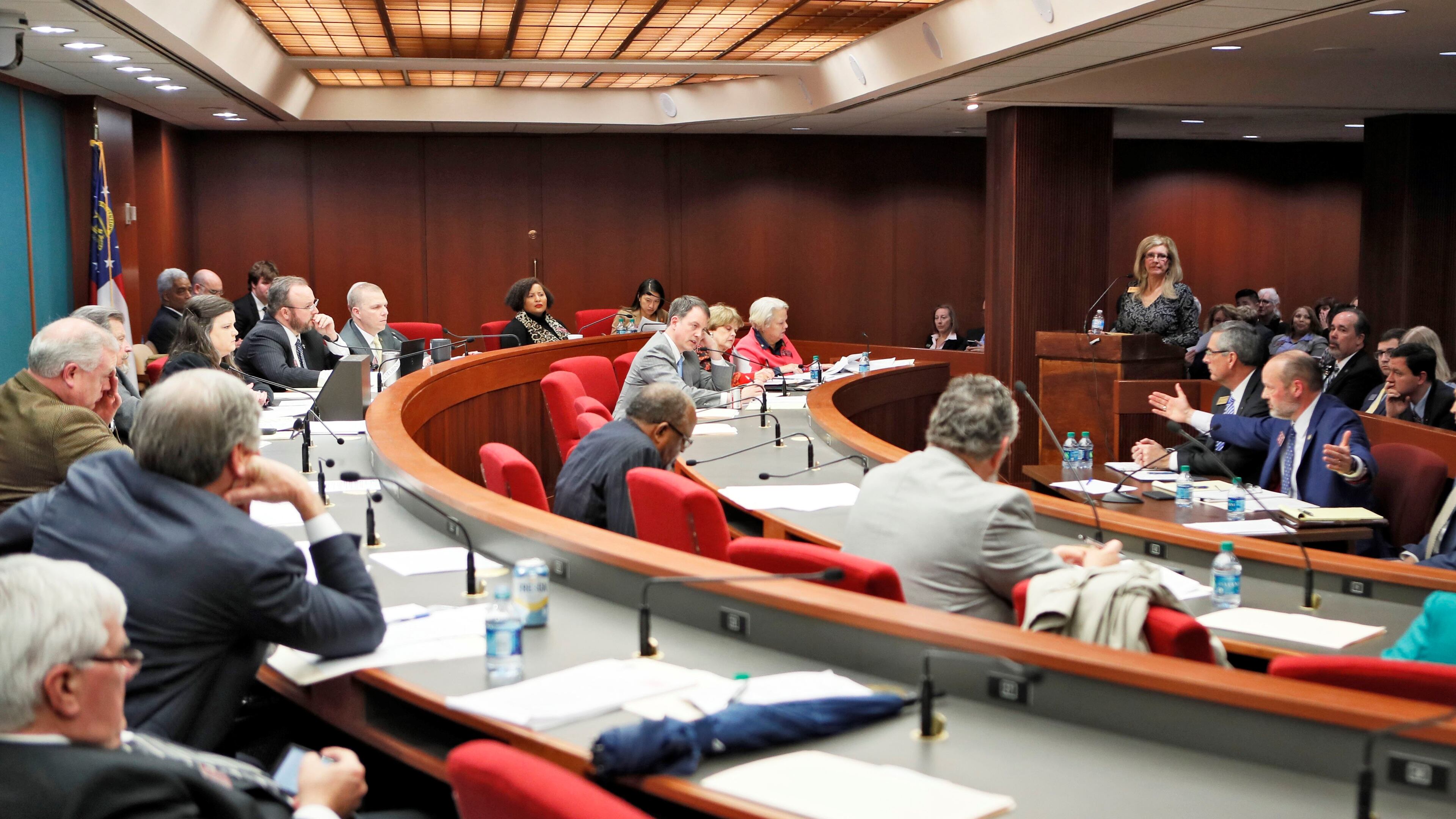 2/19/19 - Atlanta - Rep. Barry Fleming (right), R - Harlem, seated next to Secretary of State Brad Raffensperger, presents the bill. The Governmental Affairs Elections Subcommittee, chaired by Rep. Alan Powell, held the first hearing of House Bill 316, which would change the state's voting system. Bob Andres / bandres@ajc.com