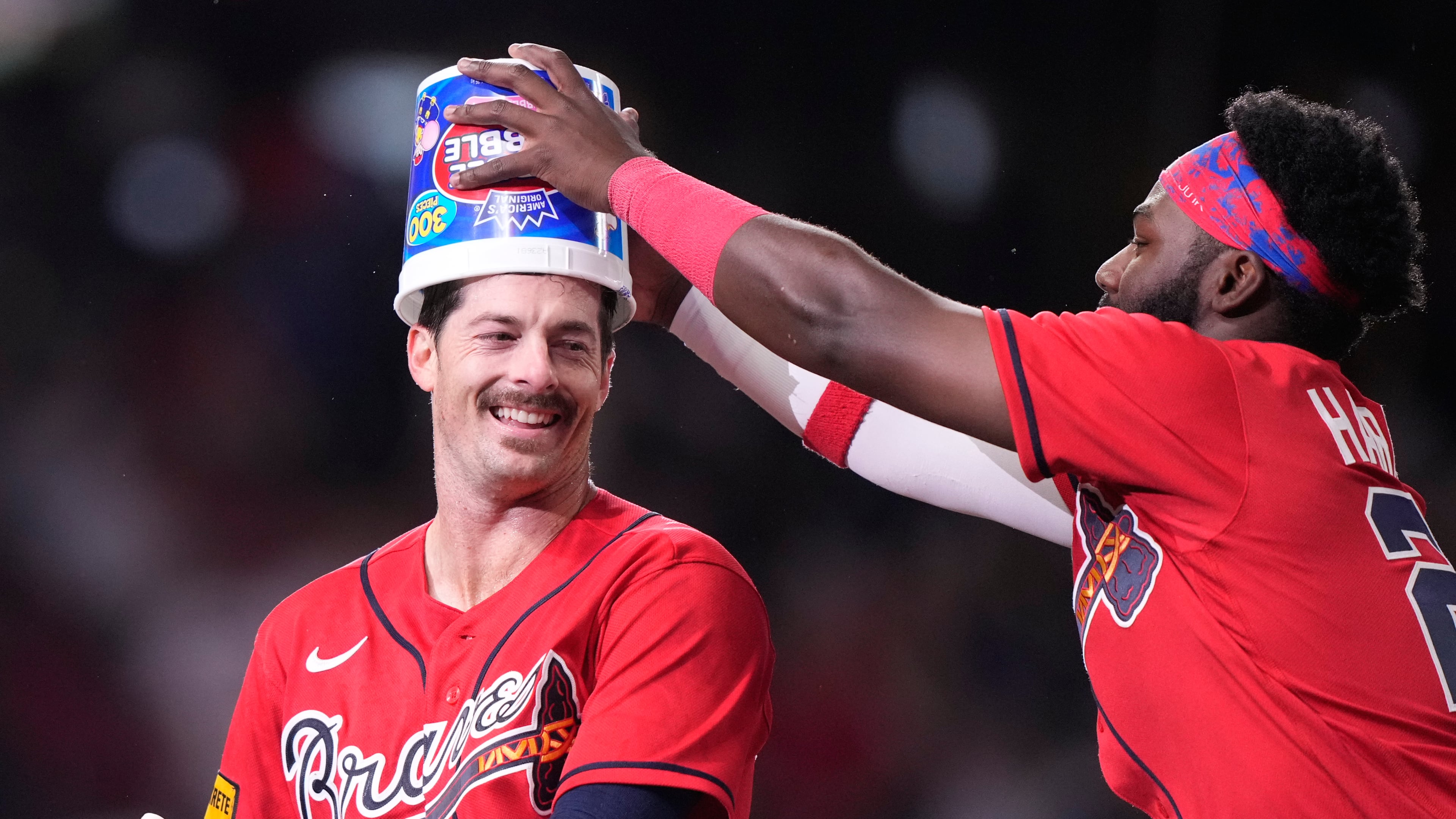 Atlanta Braves' Mike Yastrzemski (18) celebrates in the 10th inning of a baseball game against the Boston Red Sox Friday, May 15, 2026, in Atlanta. (AP Photo/Brynn Anderson)