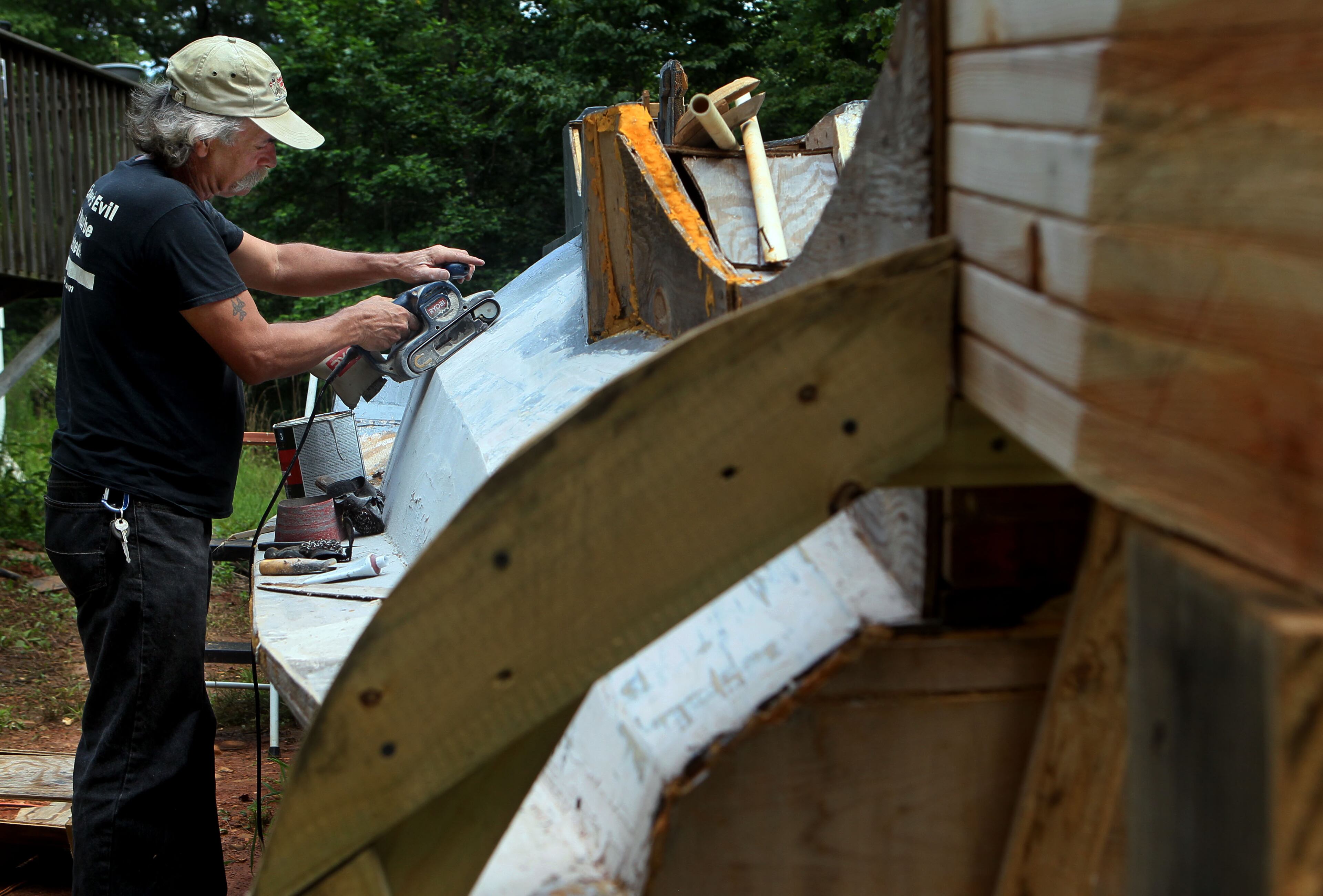 Danny McWilliams works on his 36-foot version of the Nautilus