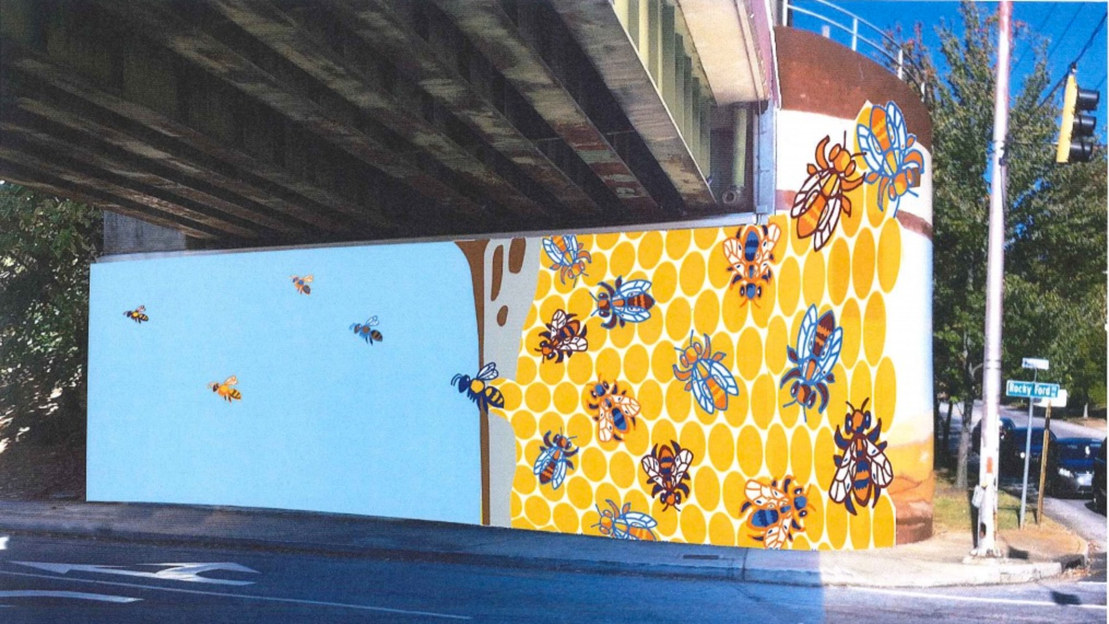 The Kirkwood mural, “Kirkwood Hive,” by artist Allen Peterson is shown as a rendering. Courtesy Atlanta councilwoman Natalyn Archibong’s office.