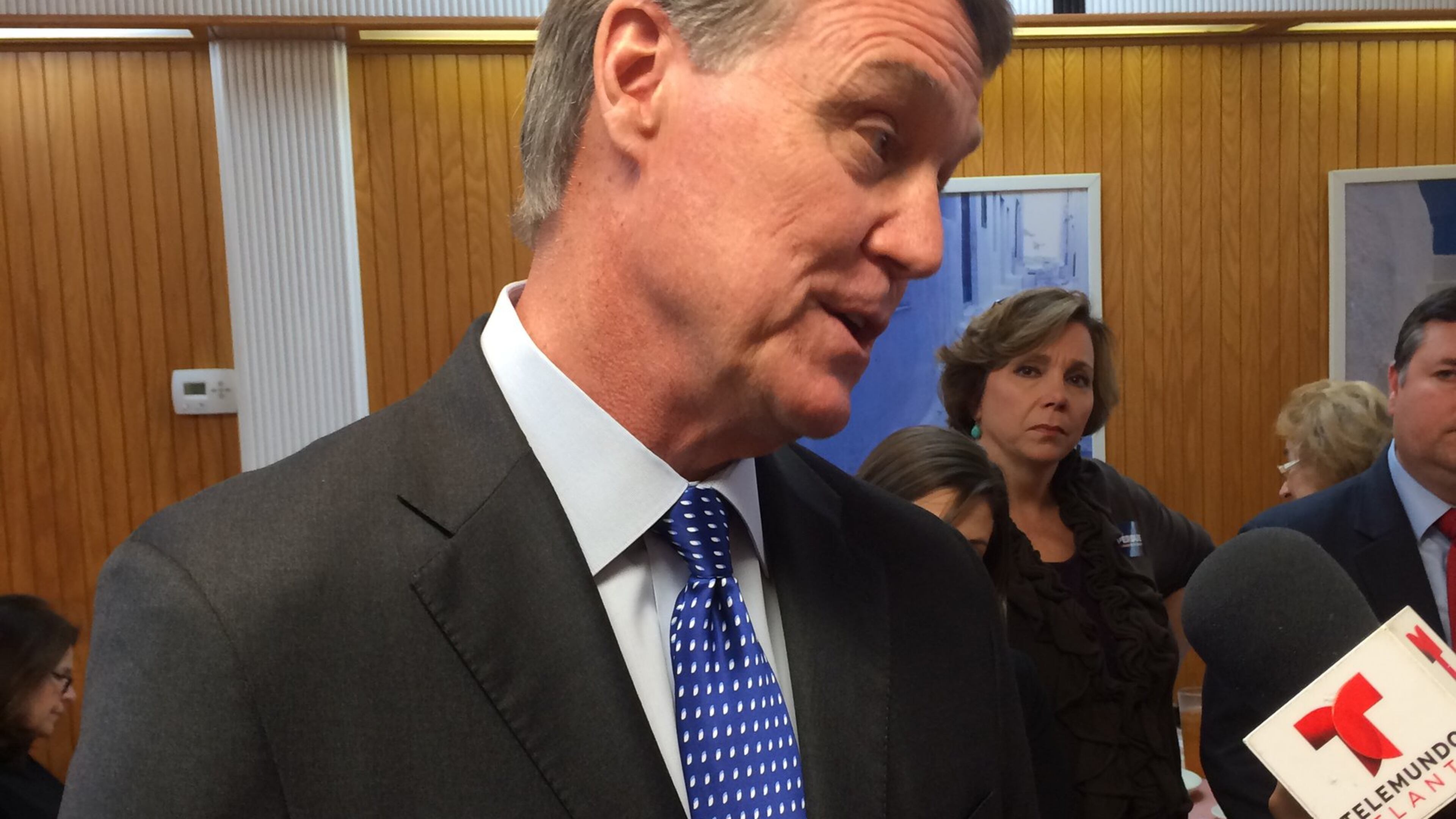 U.S. Senate candidate David Perdue answers questions about his business record at a campaign stop in Buckhead Monday. CHRIS JOYNER / CJOYNER@AJC.COM