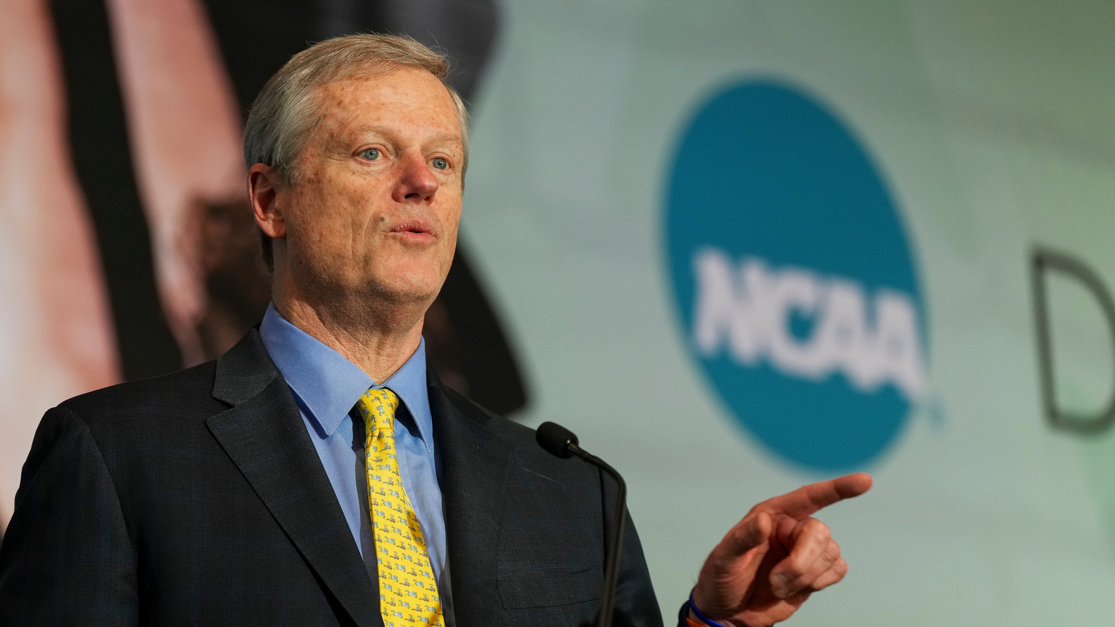 FILE - NCAA President Charlie Baker speaks during the Division I Business Session at the annual NCAA convention, Jan. 15, 2025, in Nashville, Tenn. (AP Photo/George Walker IV, File)