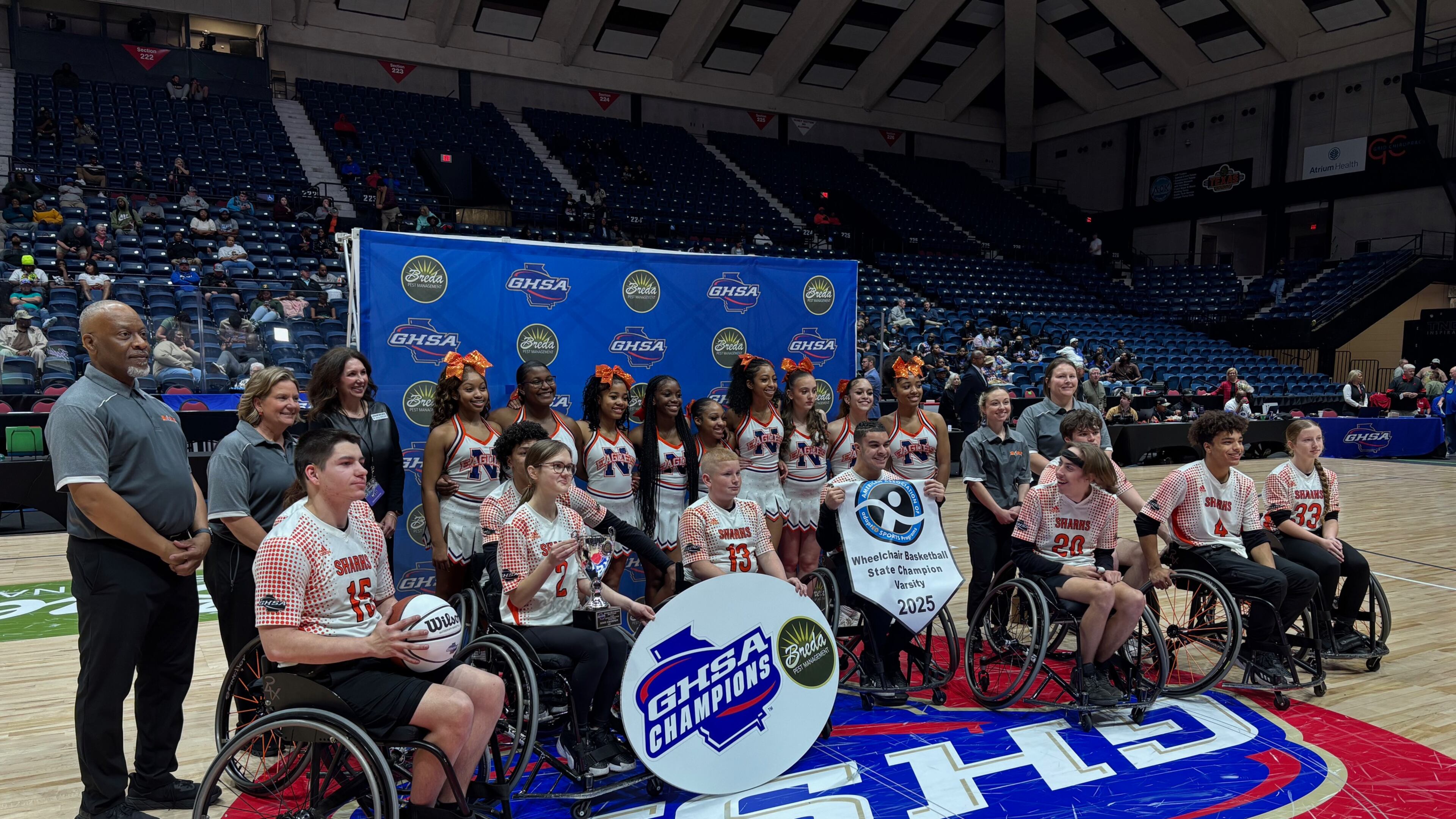 The Houston County Sharks defeated the Clayton County Eagles 37-34 to win the GSHA Adaptive Wheelchair Basketball championship, March 8, 2025, at the Macon Coliseum.