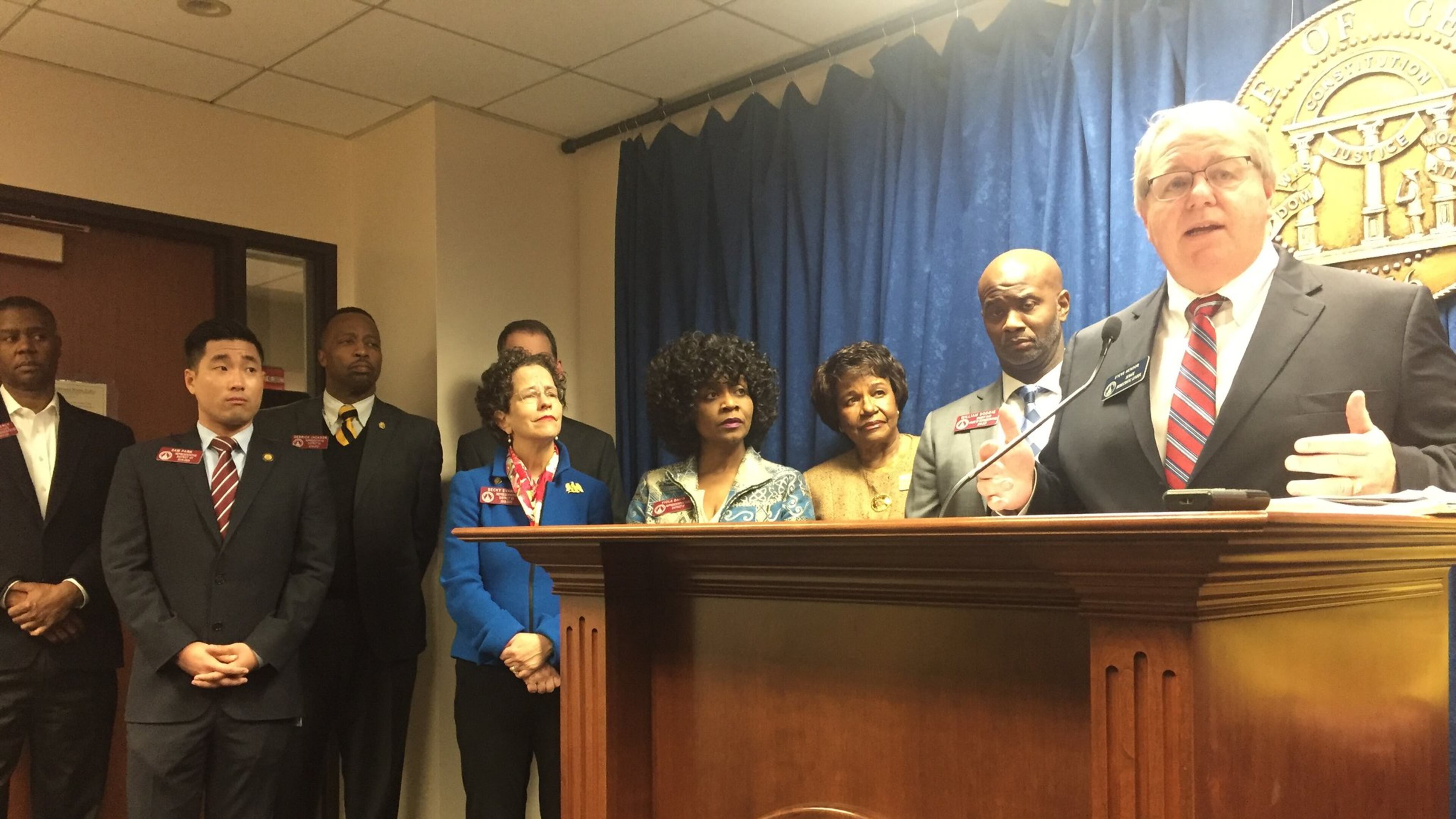 Georgia Senate Minority Leader Steve Henson speaks to reporters Tuesday, the final day for people to comment on Gov. Brian Kemp’s health care waiver plans. Senate and House Democrats held a press conference at the state Capitol to urge Georgians to comment and call for full Medicaid expansion under Obamacare. PHOTO by Ariel Hart / ahart@ajc.com