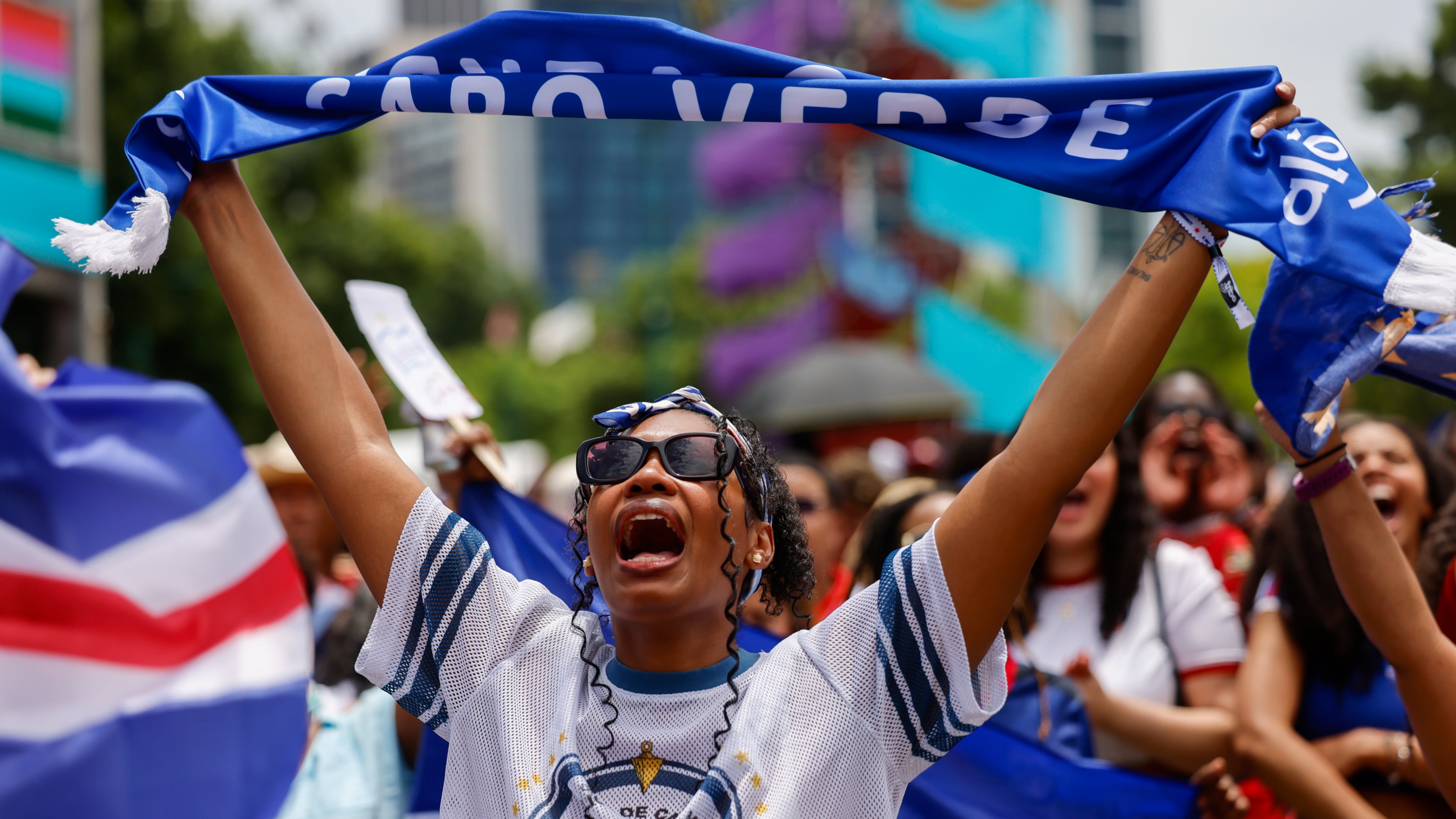 A Cape Verde fan reacts at the FIFA Fan Festival in Centennial Olympic Park during the Spain and Cape Verde match at the 2026 FIFA World Cup in Atlanta on June 15, 2026. The match was a 0-0 draw. (Arvin Temkar/AJC)