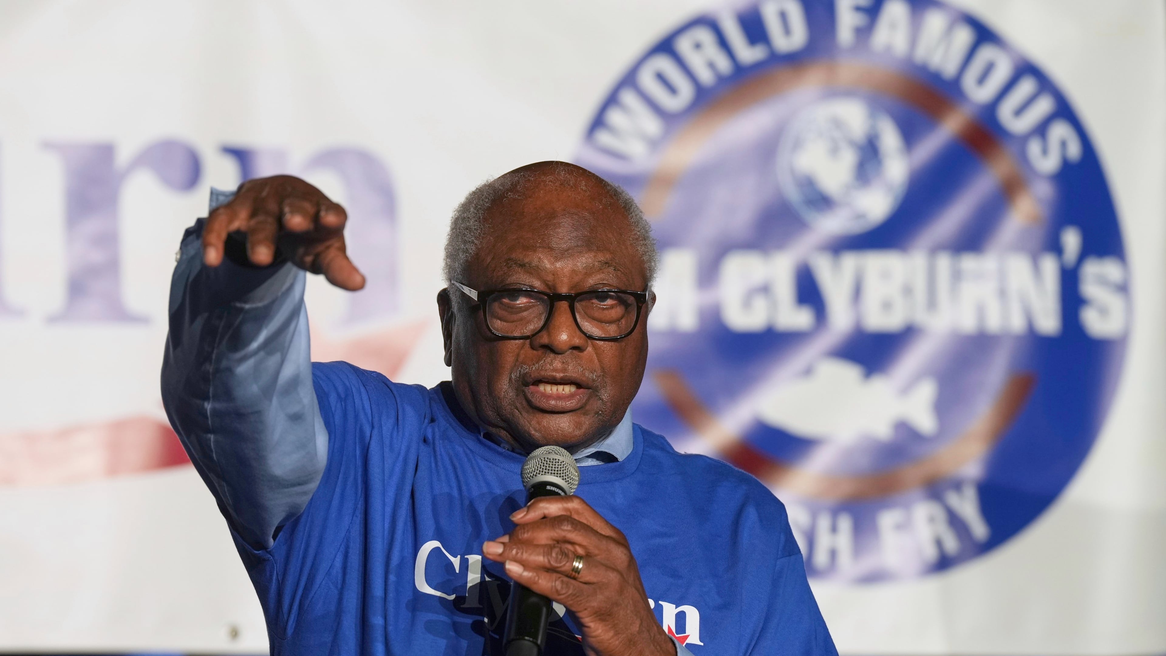 FILE - Rep. Jim Clyburn, D-S.C., speaks to attendees at his World Famous Fish Fry, May 30, 2025, in Columbia, S.C. (AP Photo/Meg Kinnard, File)