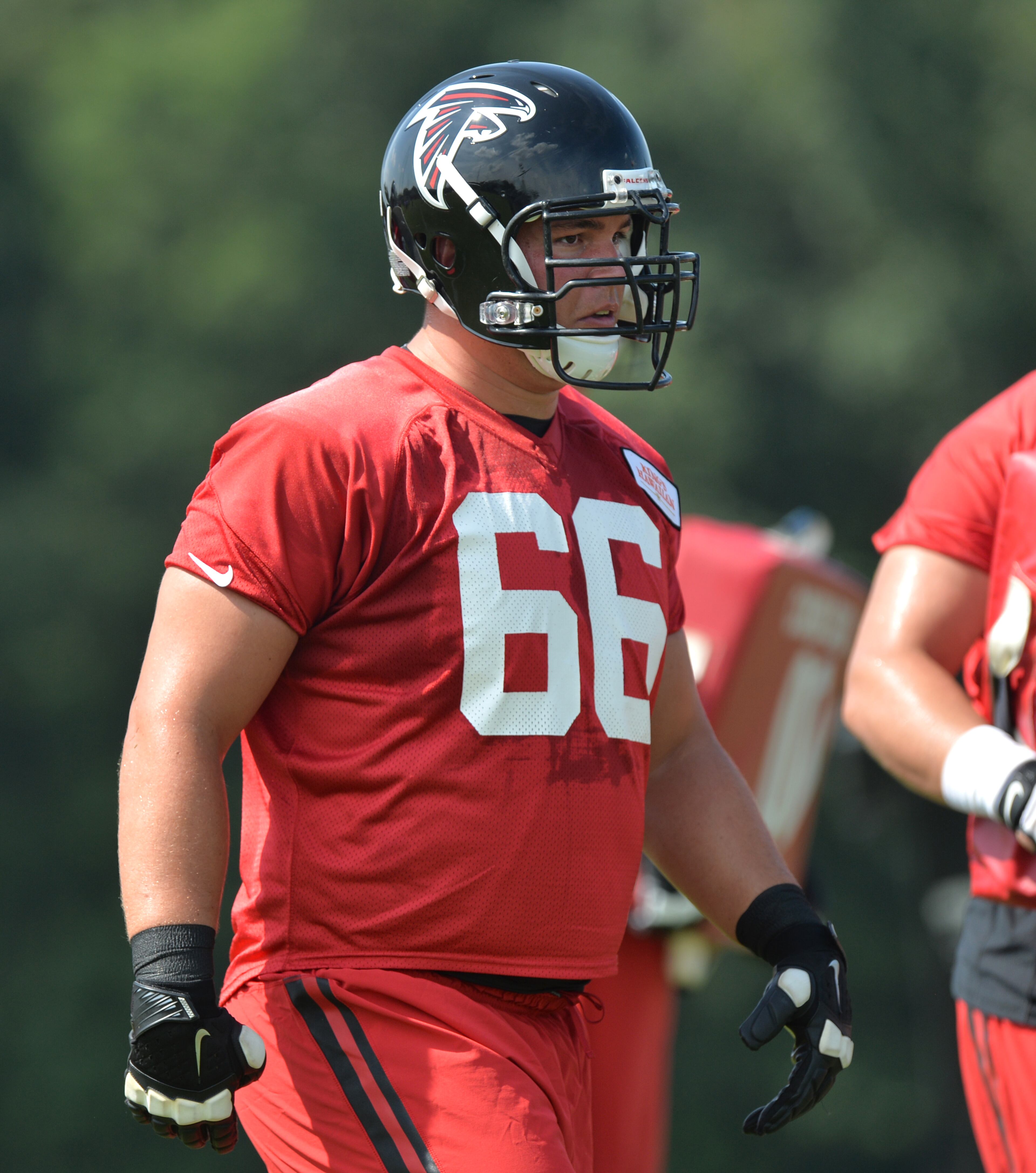 Atlanta Falcons center Peter Konz participates in practice during training camp on Friday, July 25, 2014.