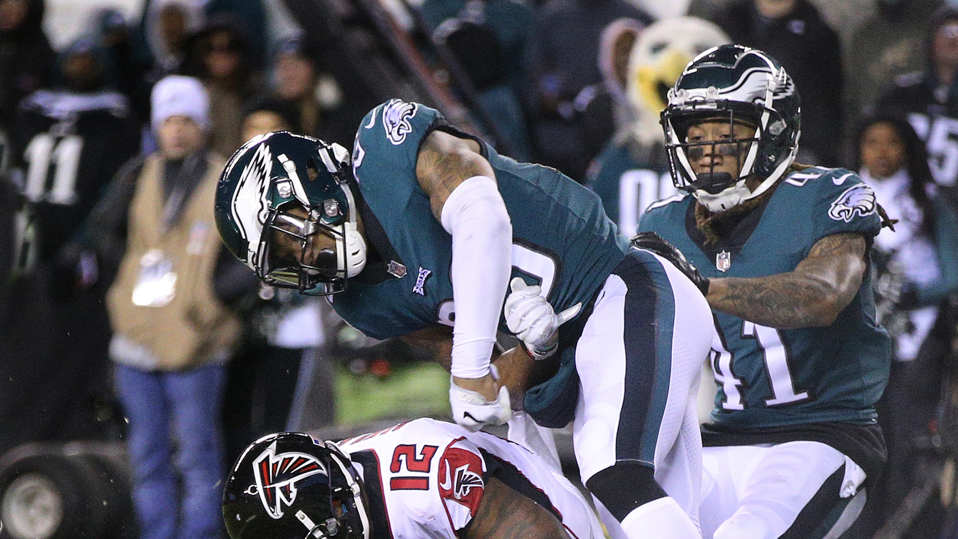 January 13, 2018 Philadelphia: Eagles safety Rodney McLeod breaks up a pass to Falcons wide receiver Mohamed Sanu in the endzone during the frist half in their NFC Divisional Game on Saturday, January 13, 2018, in Philadelphia. Curtis Compton/ccompton@ajc.com