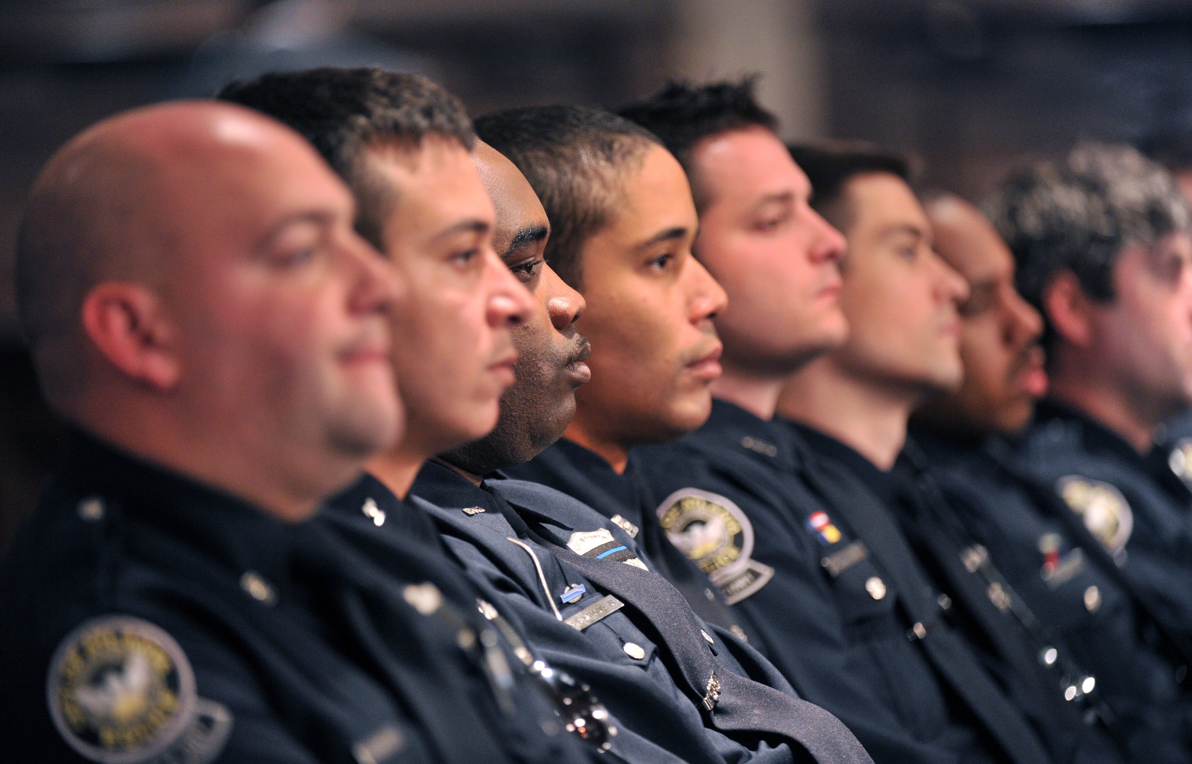 Hundreds of officers were in attendance at APD Officer Shawn Smiley's funeral at First Baptist Church of Atlanta on Saturday, November 10, 2012. APD Officer Shawn Smiley was in the passenger seat last weekend when an APD helicopter searching for a missing 9-year-old boy crashed in Atlanta. HYOSUB SHIN / HSHIN@AJC.COM