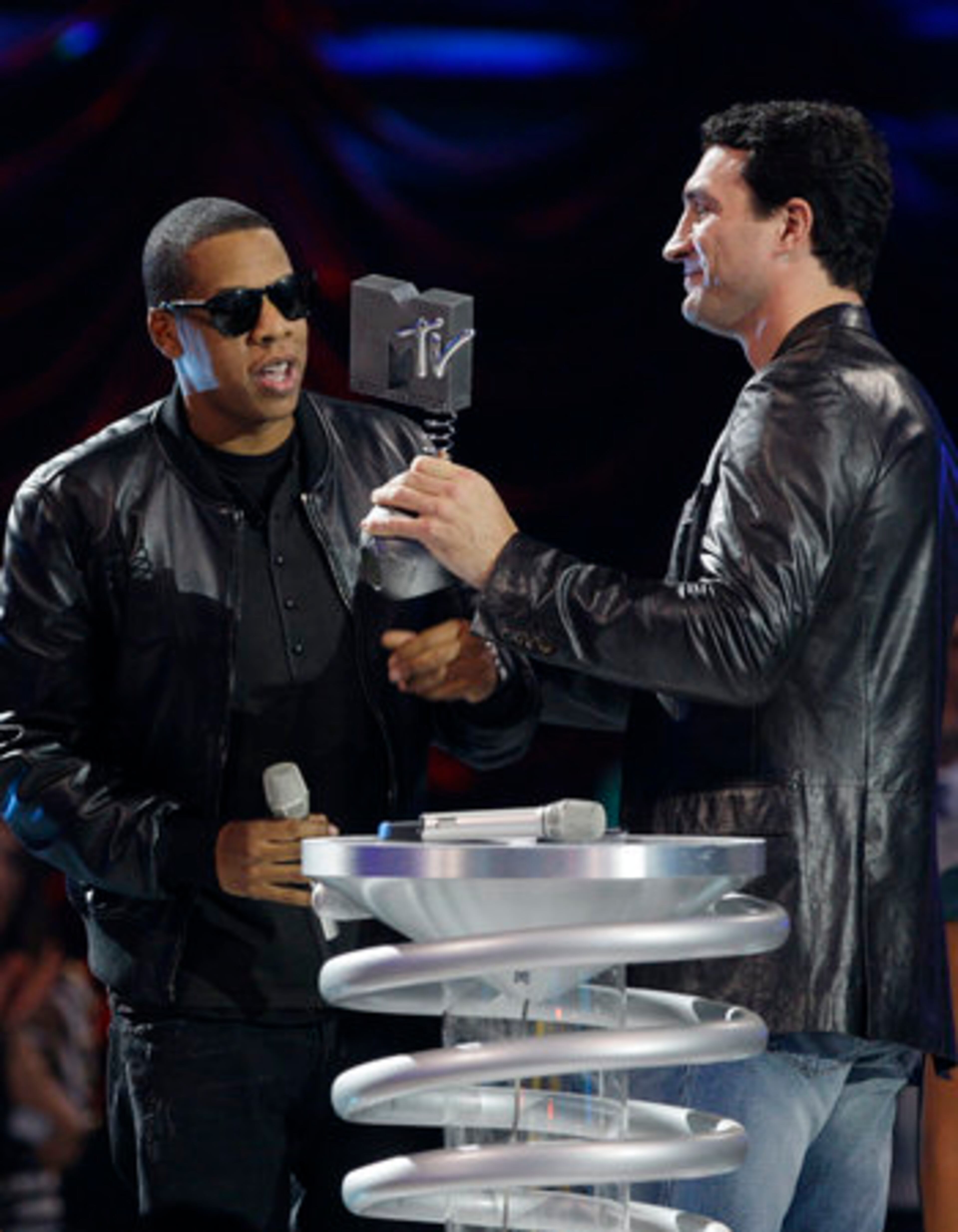 U.S. rapper Jay Z , left, receives the Best Urban Award from Vladimir Klitschko.