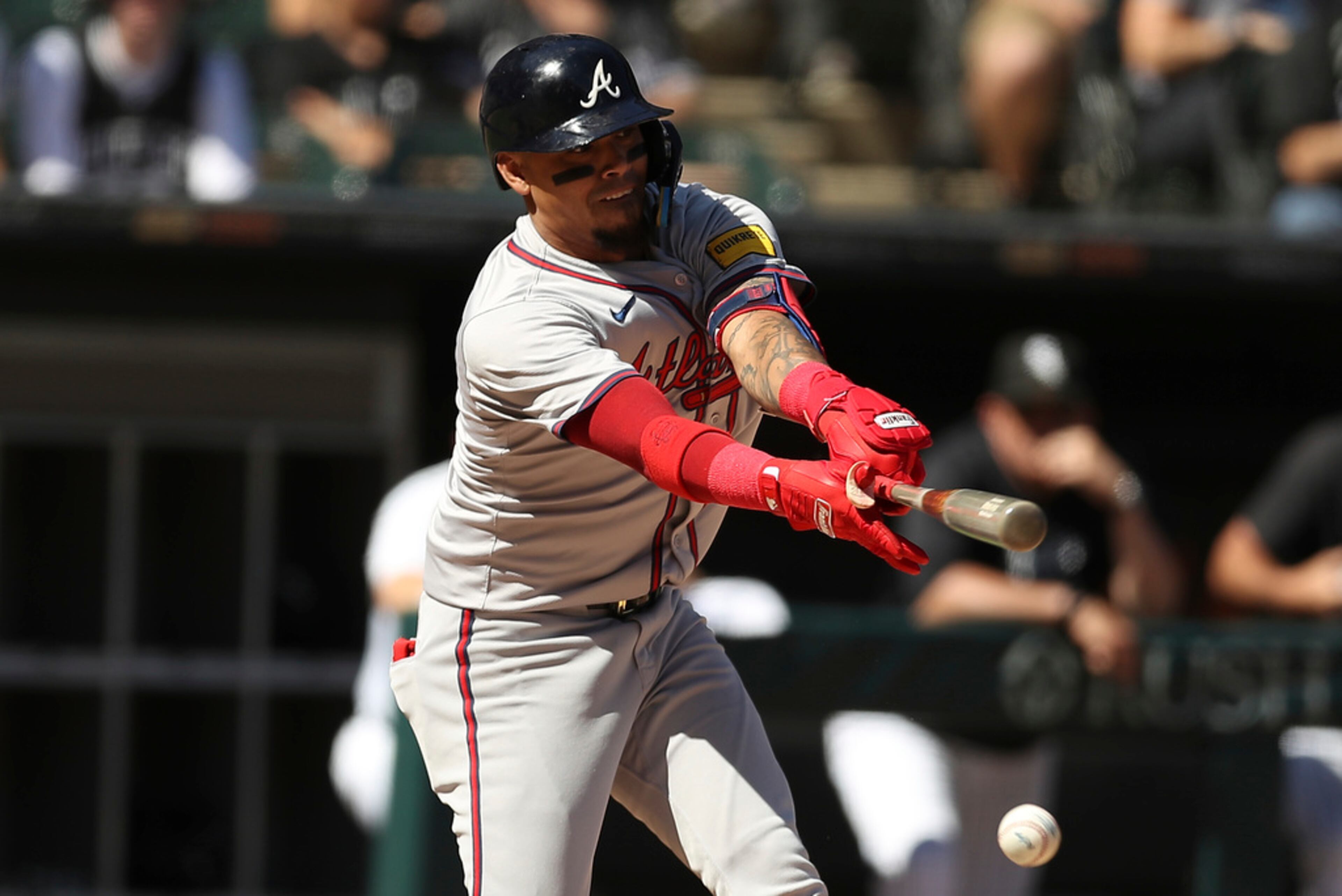 Atlanta Braves' Orlando Arcia grounds out during the third inning of a baseball game against the Chicago White Sox, Thursday, June 27, 2024, in Chicago. (AP Photo/Melissa Tamez)