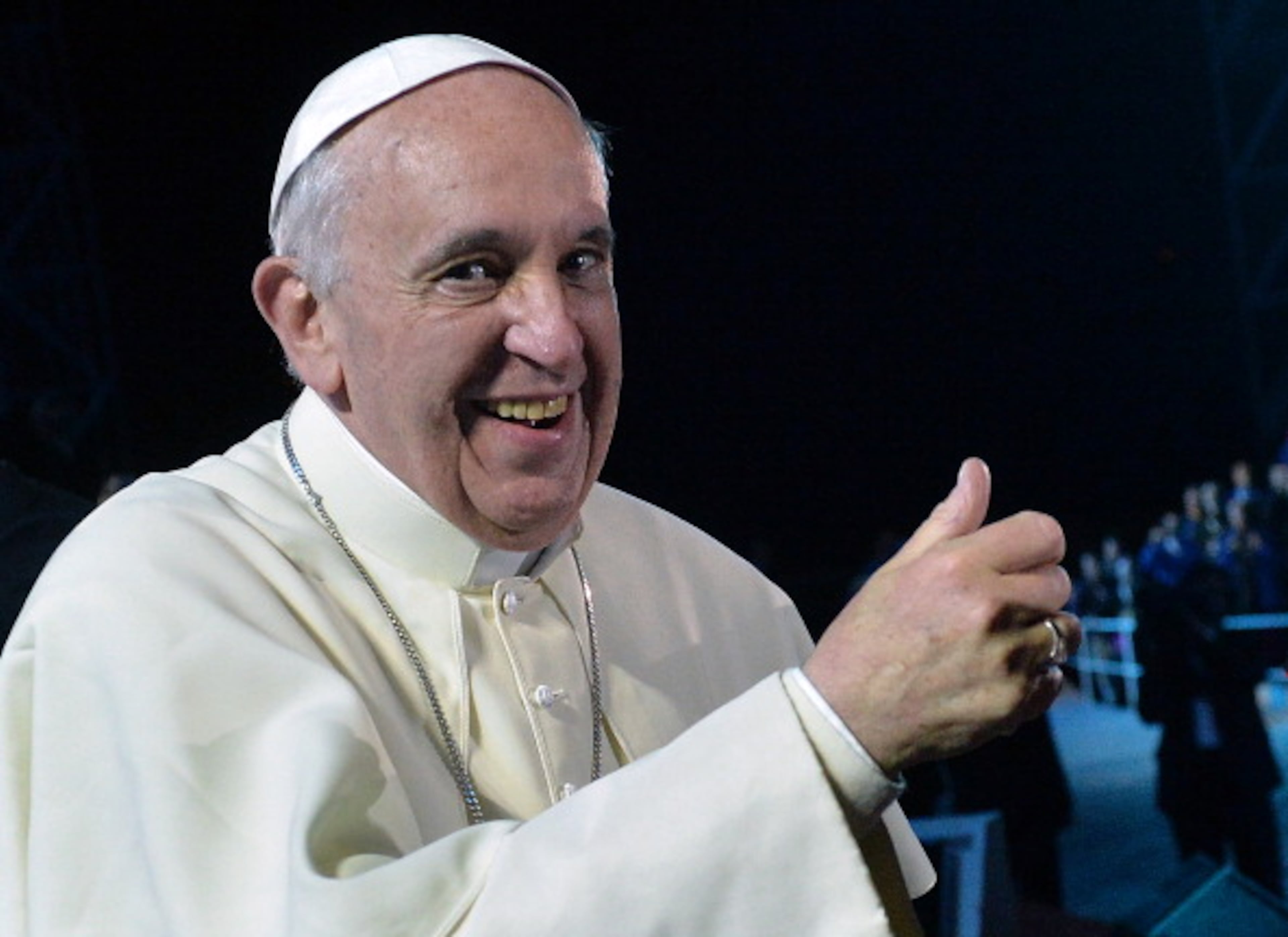 Pope Francis gestures upon arrival for a prayer vigil with hundreds of thousands of young Catholic pilgrims attending World Youth Day (WYD), at Copacabana beach in Rio de Janeiro on July 27, 2013, during his week-long visit to Brazil. AFP PHOTO / LUCA ZENNARO-POOL (Photo credit should read LUCA ZENNARO/AFP/Getty Images)