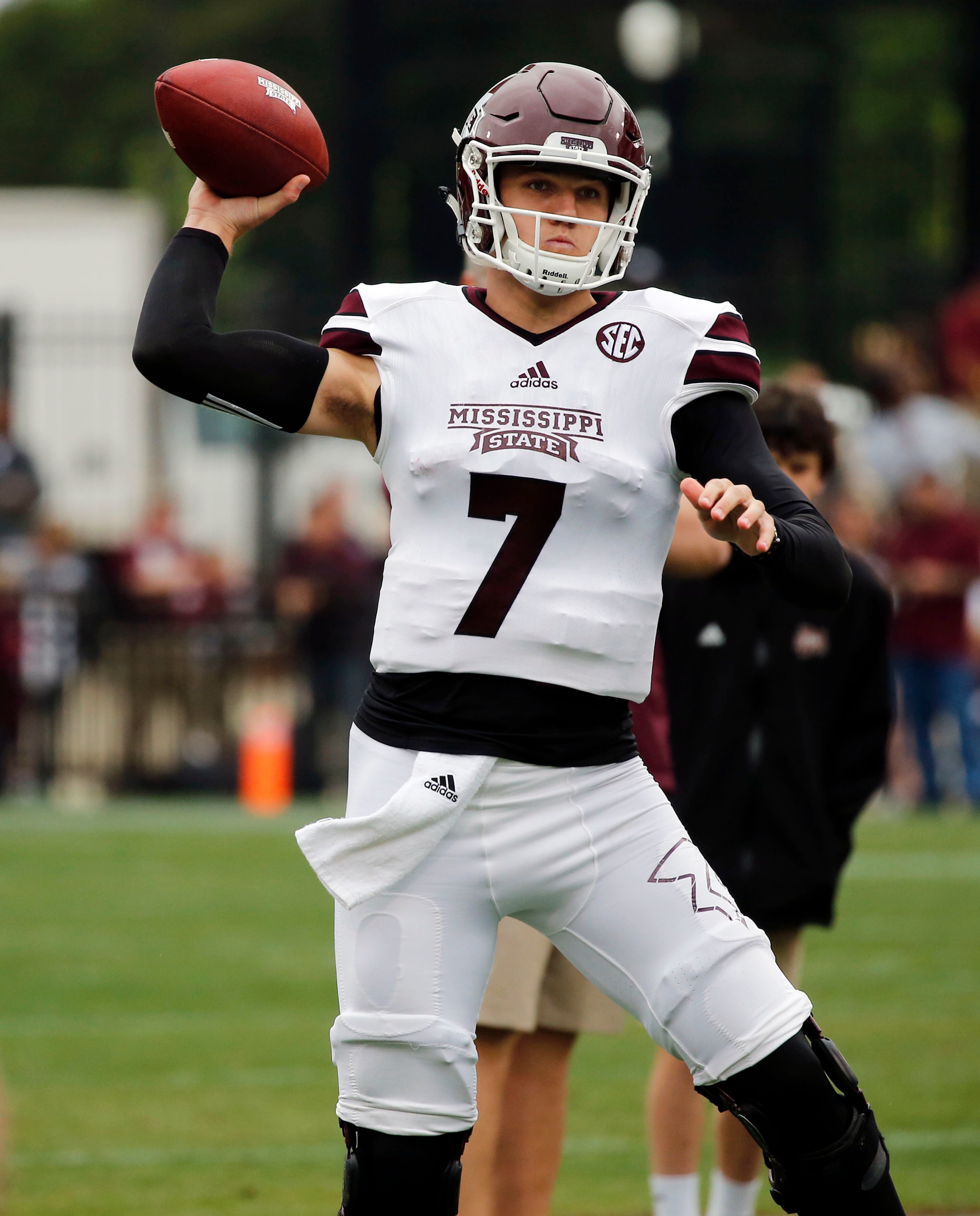 Mississippi State White squad quarterback Nick Fitzgerald (7) attempts to pass against the Maroon squad during the second half of a spring NCAA college football game, Saturday, April 16, 2015, in Starkville, Miss. Maroon won 34-21. (AP Photo/Rogelio V. Solis)