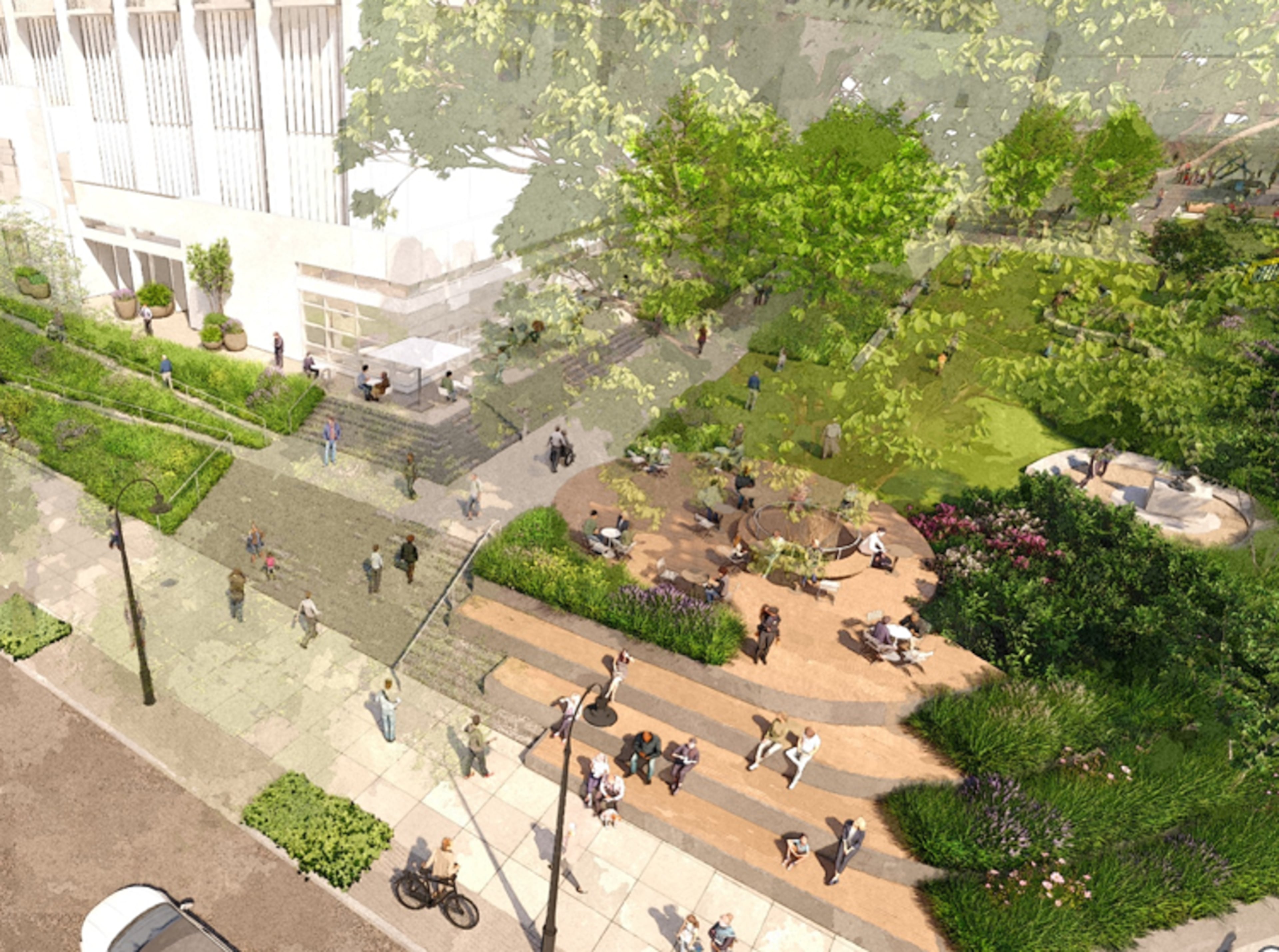 This is a rendering of Woodruff Arts Center's planned $67 million campus revamp, which includes landscaping projects and new performance stages and play spaces.