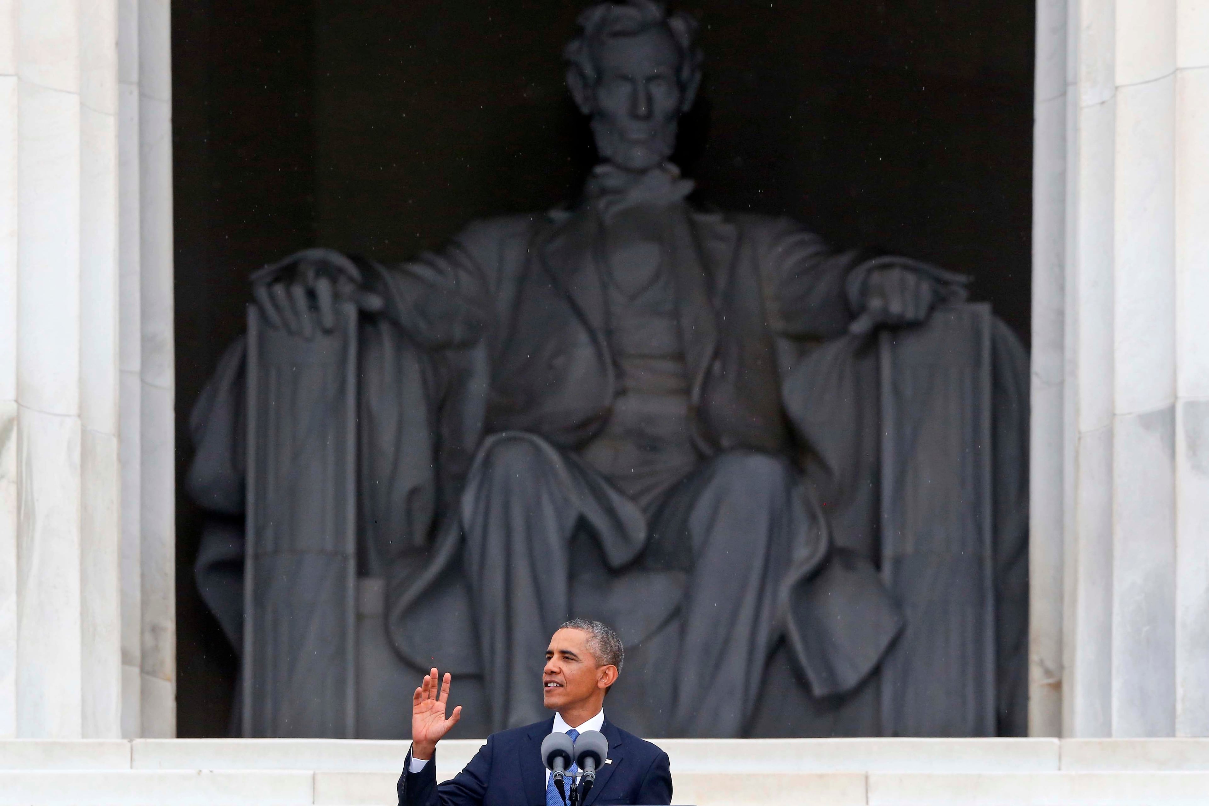 President Barack Obama speaks at the 50th Anniversary of the March on Washington where Martin Luther King, Jr., spoke in front of the Lincoln Memorial in Washington, Wednesday, Aug. 28, 2013. (AP Photo/Charles Dharapak)