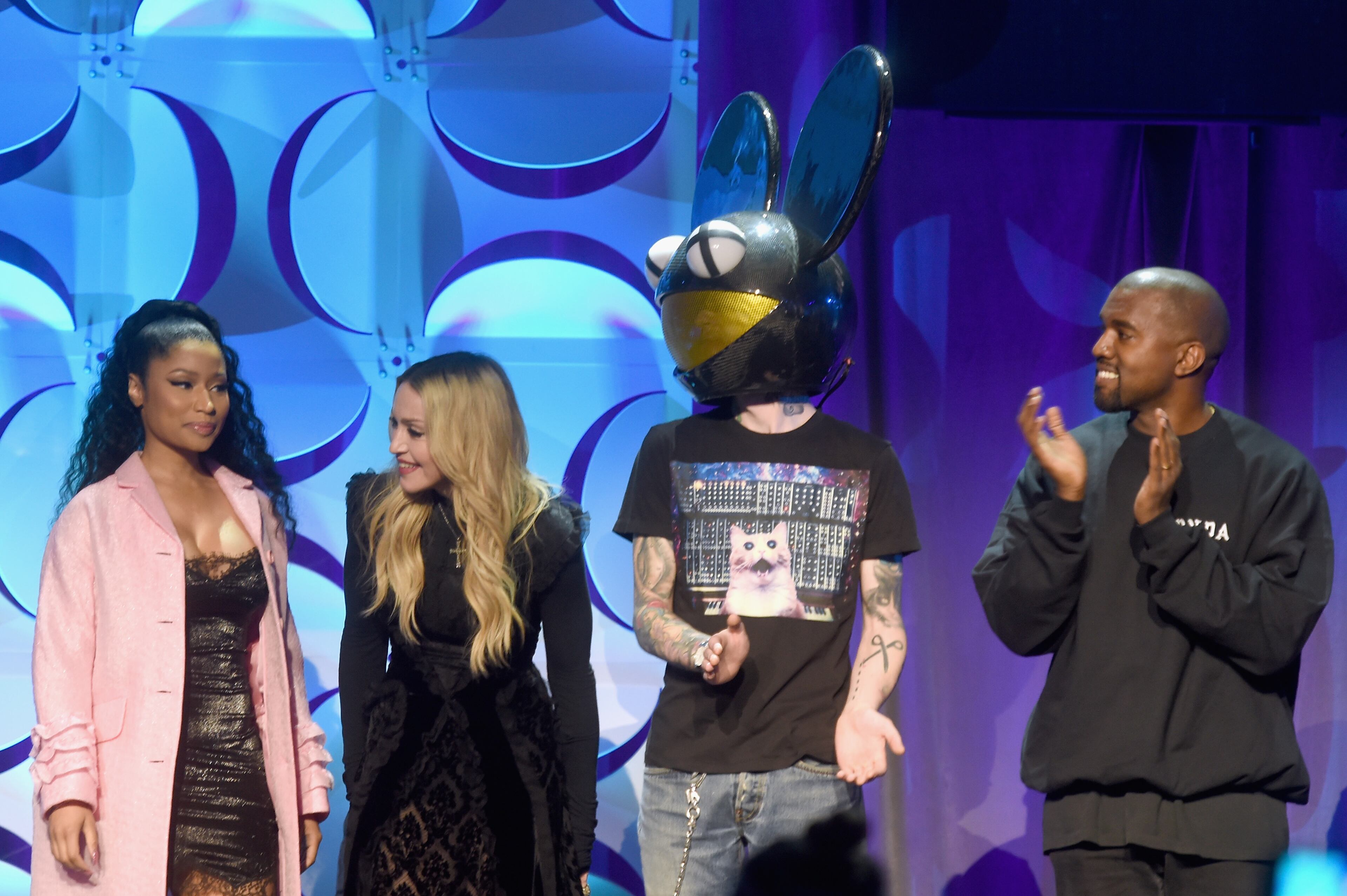 NEW YORK, NY - MARCH 30: (L-R) Nicki Minaj, Madonna, Deadmau5, and Kanye West onstage at the Tidal launch event #TIDALforALL at Skylight at Moynihan Station on March 30, 2015 in New York City. (Photo by Jamie McCarthy/Getty Images for Roc Nation)