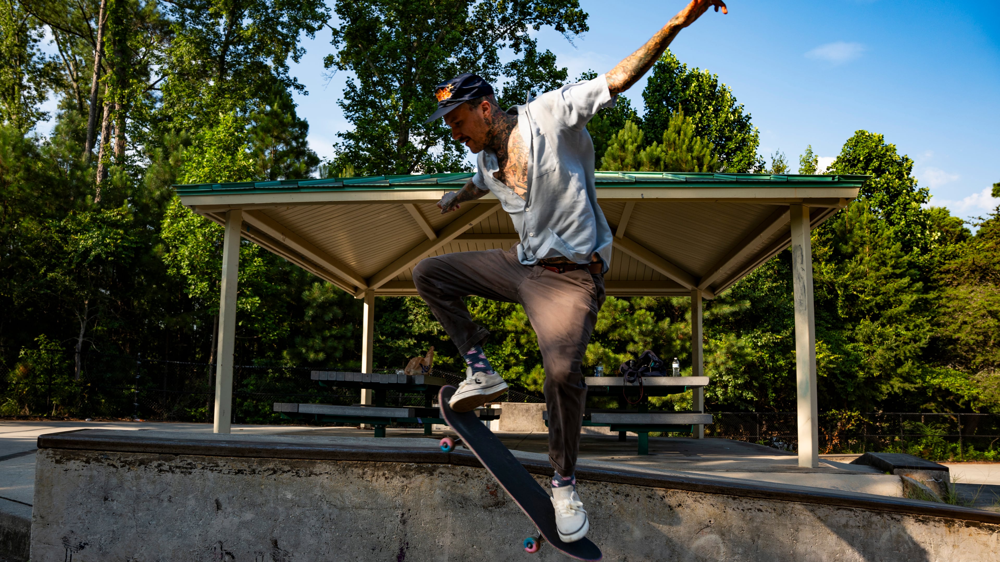 Paco Talavera, a former professional skateboarder and current cook at Lure, skates at DeShong Park in Stone Mountain, Georgia. (Olivia Bowdoin for the AJC).