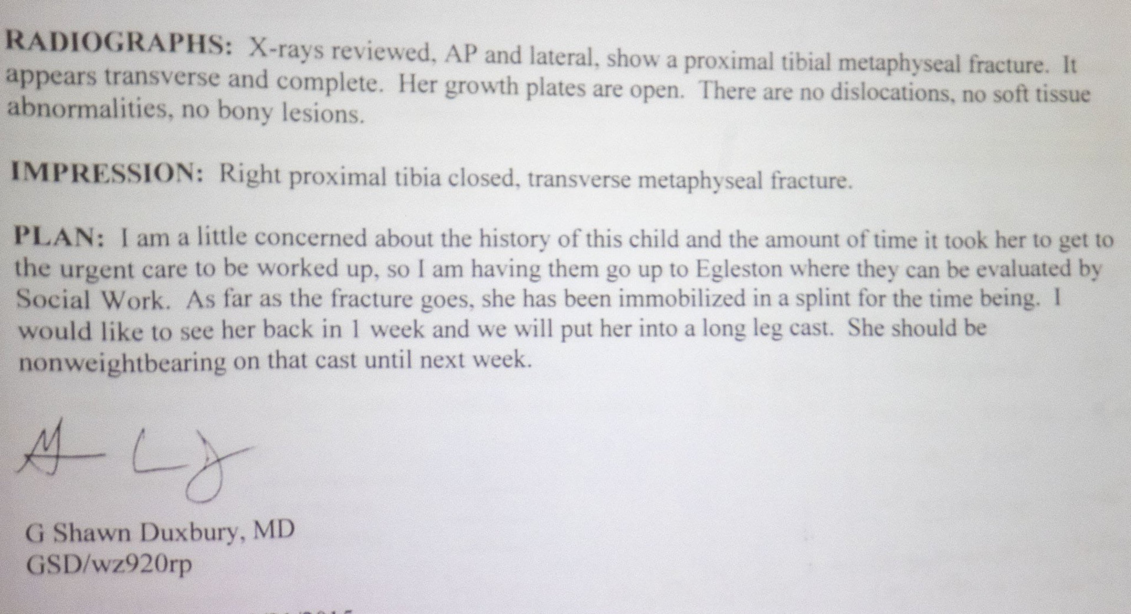 A piece of evidence, a doctor's note indicating concern for Laila Daniel's injury, is presented during the trial of Jennifer and Joseph Rosenbaum in front of Henry County Judge Brian Amero at Henry County Superior Court in McDonough on July 25, 2019. The trial began on July 8. (Alyssa Pointer/alyssa.pointer@ajc.com)