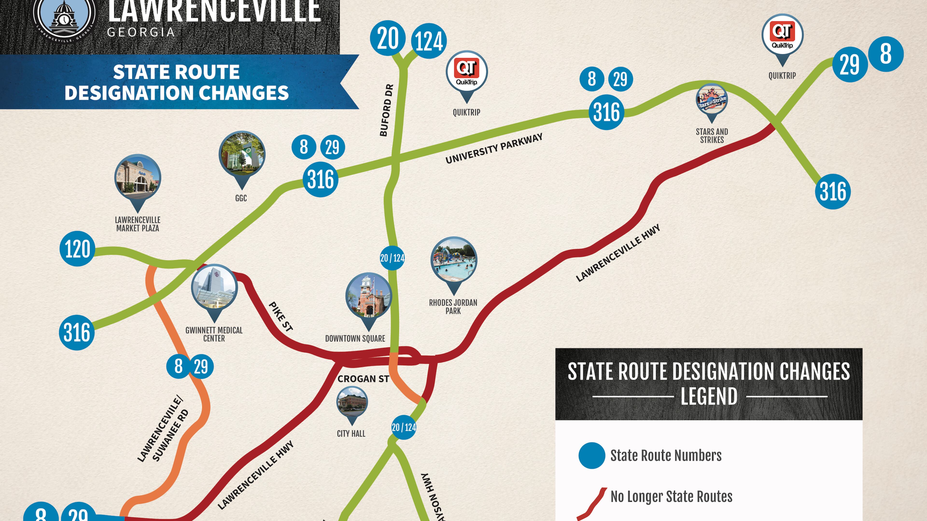 The Lawrenceville City Council has voted to re-designate State Routes 8, 120, 20, 29 and 124 off of Pike and Crogan Streets in the Downtown District. Courtesy City of Lawrenceville