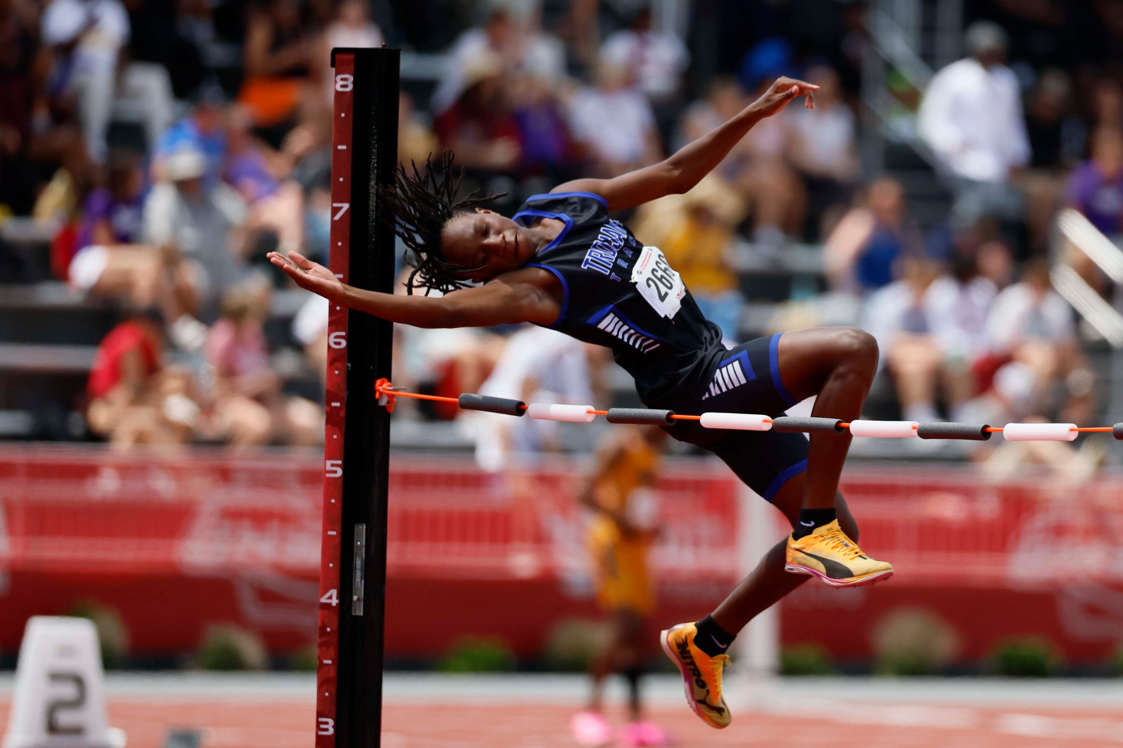 Johnson County High School's Ashton Griffin attempts a high jump during the Boys High Jump 1A Division 2 at the GHSA track and field state championships held at UGA's Spec Towns Track on Monday, May 11, 2026, in Athens.
(Miguel Martinez/AJC)