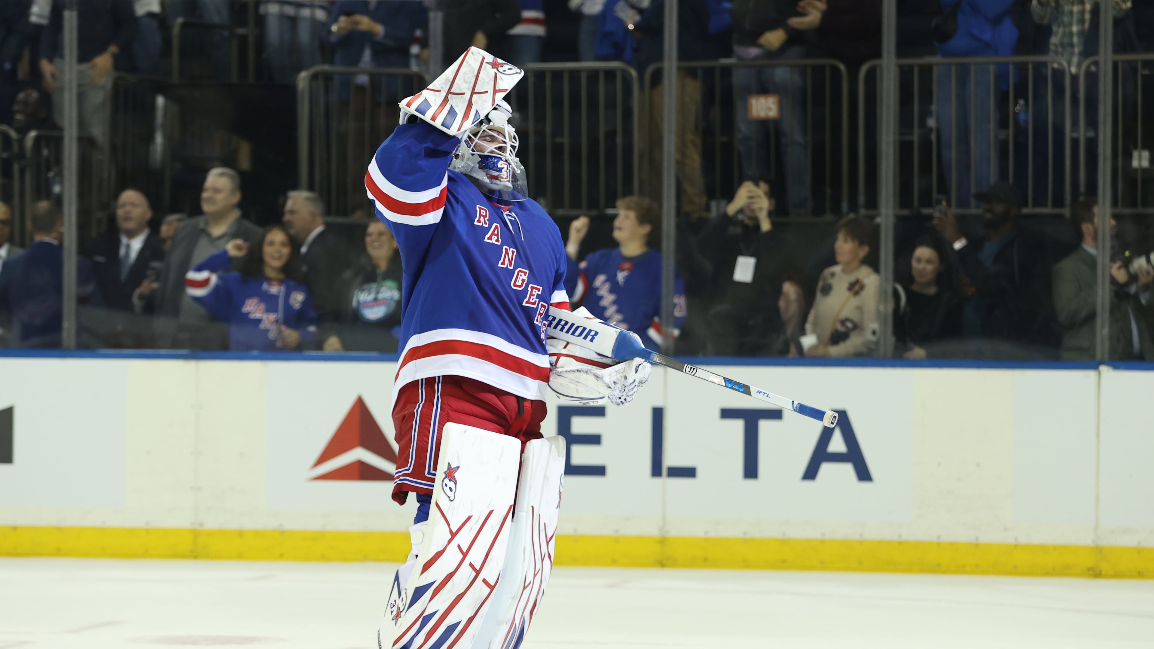New York Rangers goaltender Igor Shesterkin reacts after scoring a goal during the third period of an NHL hockey game against the Tampa Bay Lightning Thursday, Oct. 1, 2026, in New York. (AP Photo/Pamela Smith)