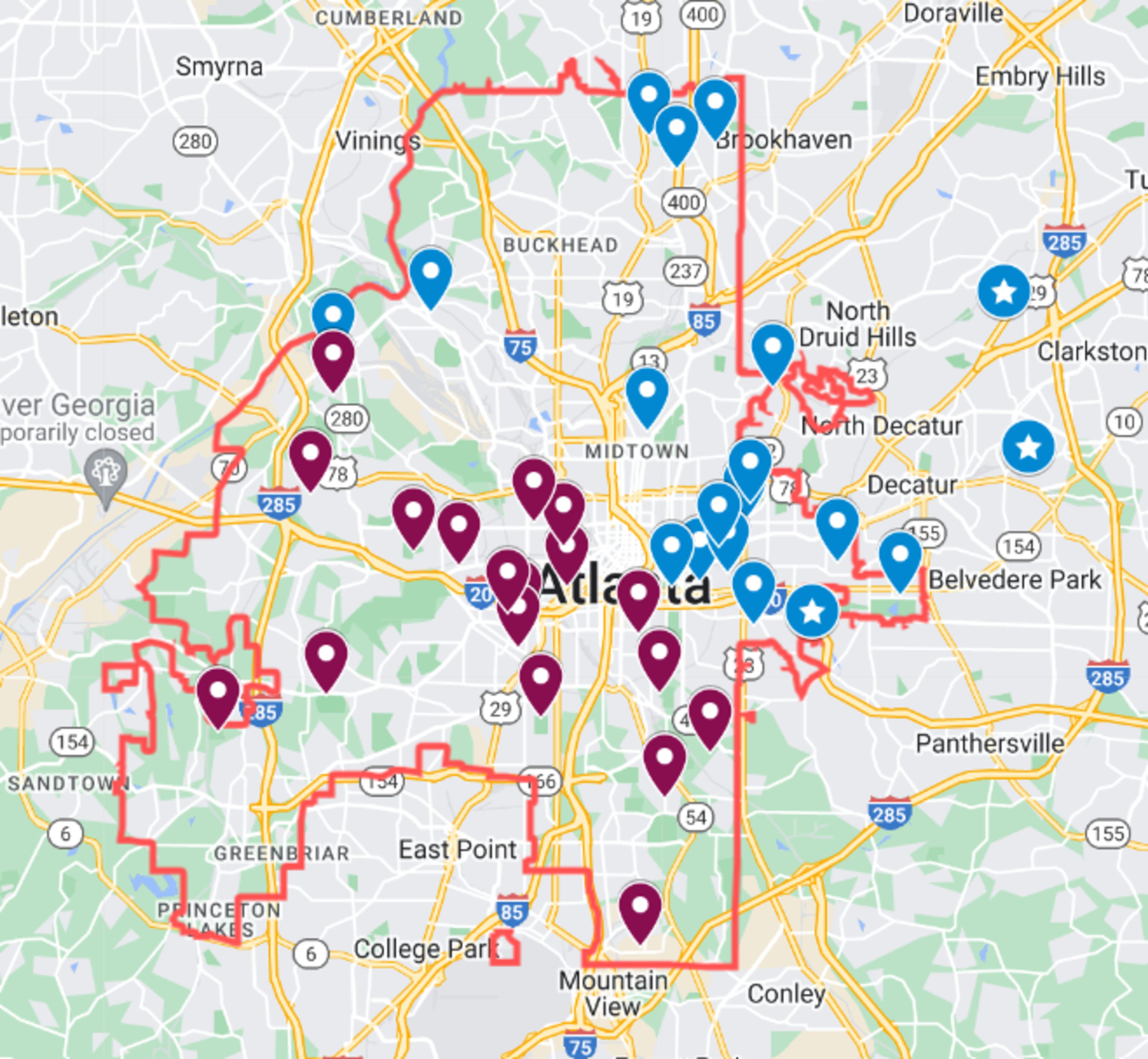 Atlanta-based nonprofit Parks Pride has awarded $3.9 million in grants to fund projects throughout Atlanta and DeKalb County. The purple icons represent projects in historically disinvested communities.