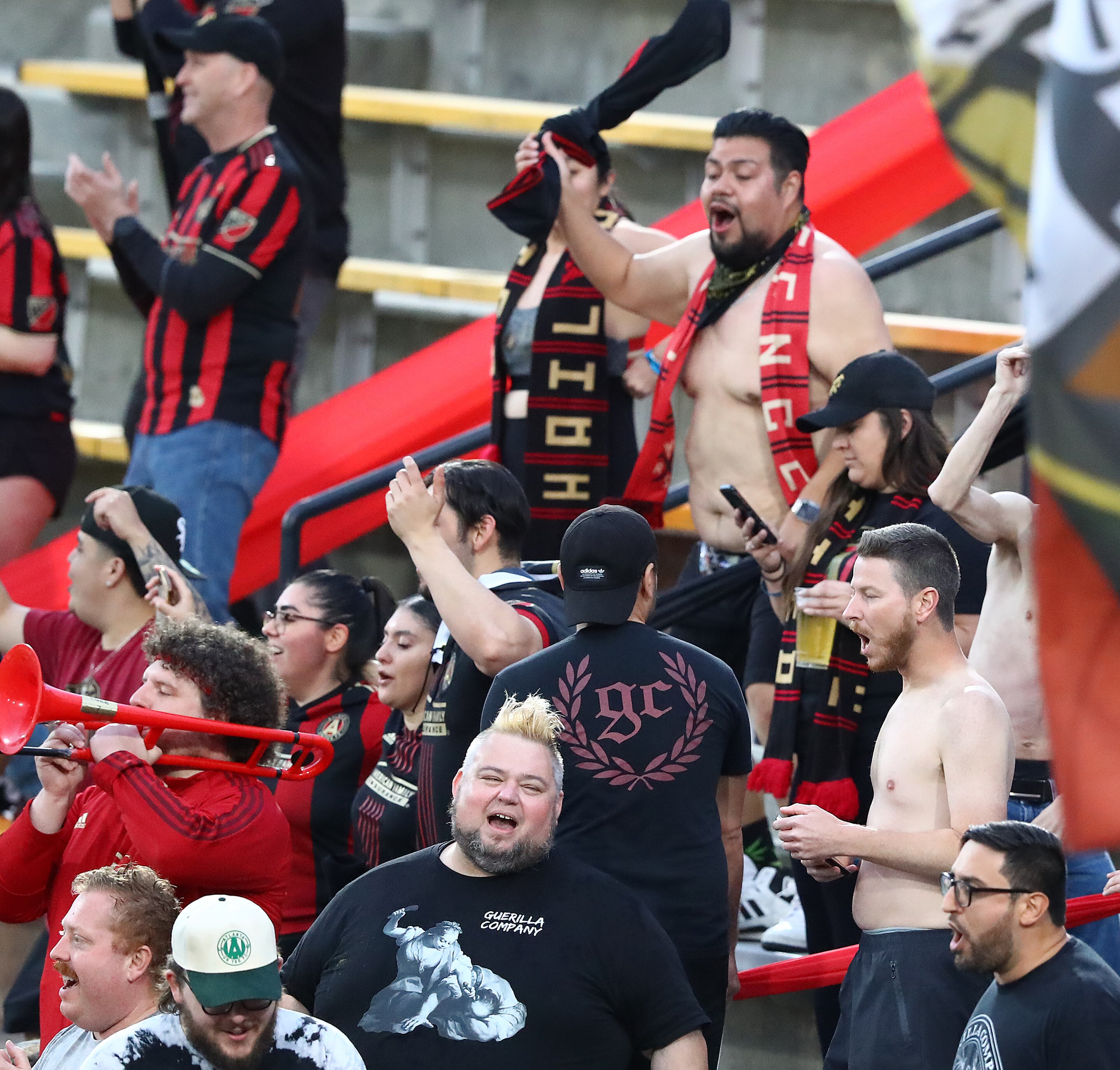 Atlanta United fans celebrate a goal by attacker Dom Dwyer against Chattanooga FC for a 2-0 lead in the Lamar Hunt U.S. Open Cup on Wednesday, April 20, 2022, in Kennesaw. It was Dwyer's first of two goals. “Curtis Compton / Curtis.Compton@ajc.com”