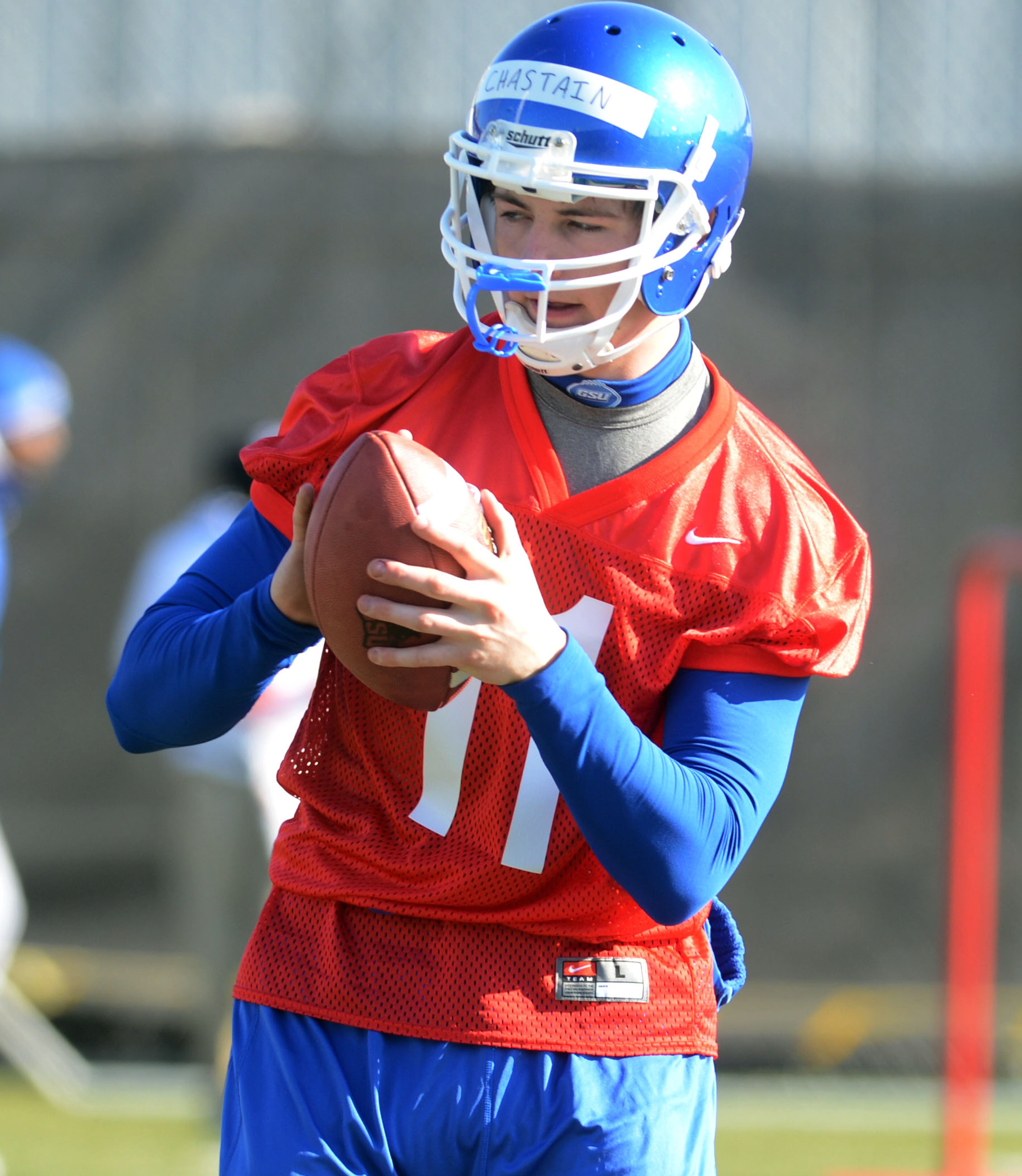 Junior college transfer Clay Chastain takes reps in Weds practice. Georgia State opened its first spring practice under new head coach Trent Miles at the GSU Practice Complex in downtown Atlanta Wednesday, March 27, 2013.