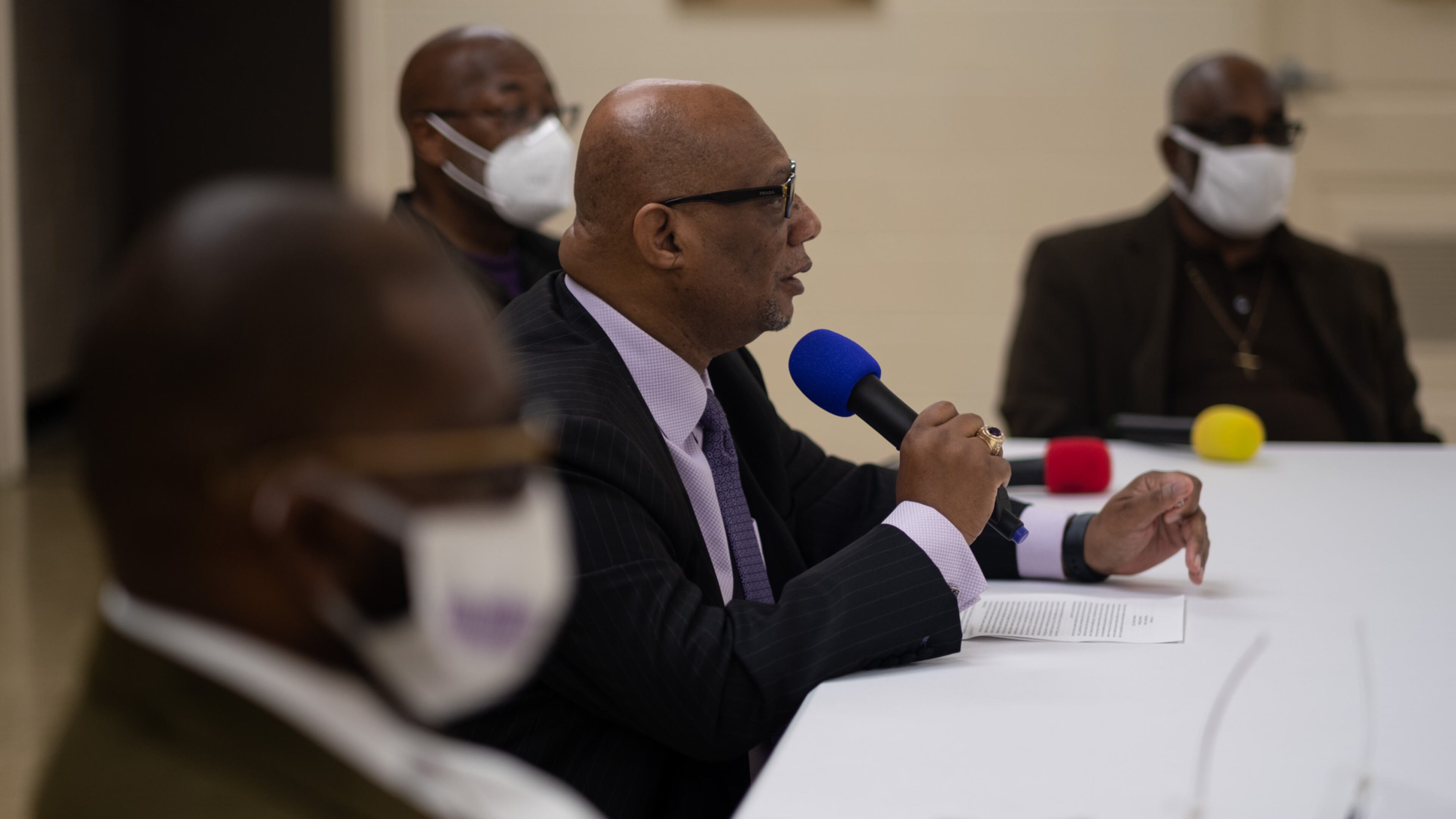Atlanta-Faith leaders including Dr. Jamal Bryant with New Birth Missionary Baptist Church, from left, Bishop Reginald Jackson with the African Methodist Episcopal Church, Bishop Thomas brown with the Christian Methodist Episcopal Church and Bishop Greg Fan with the Voter Empowerment Collaborative hold a press conference Wednesday morning, October 28, 2020, in the basement of Big Bethel AME Church to urge people to vote and to speak out against voter suppression and intimidation. BEN GRAY/ FOR THE AJC