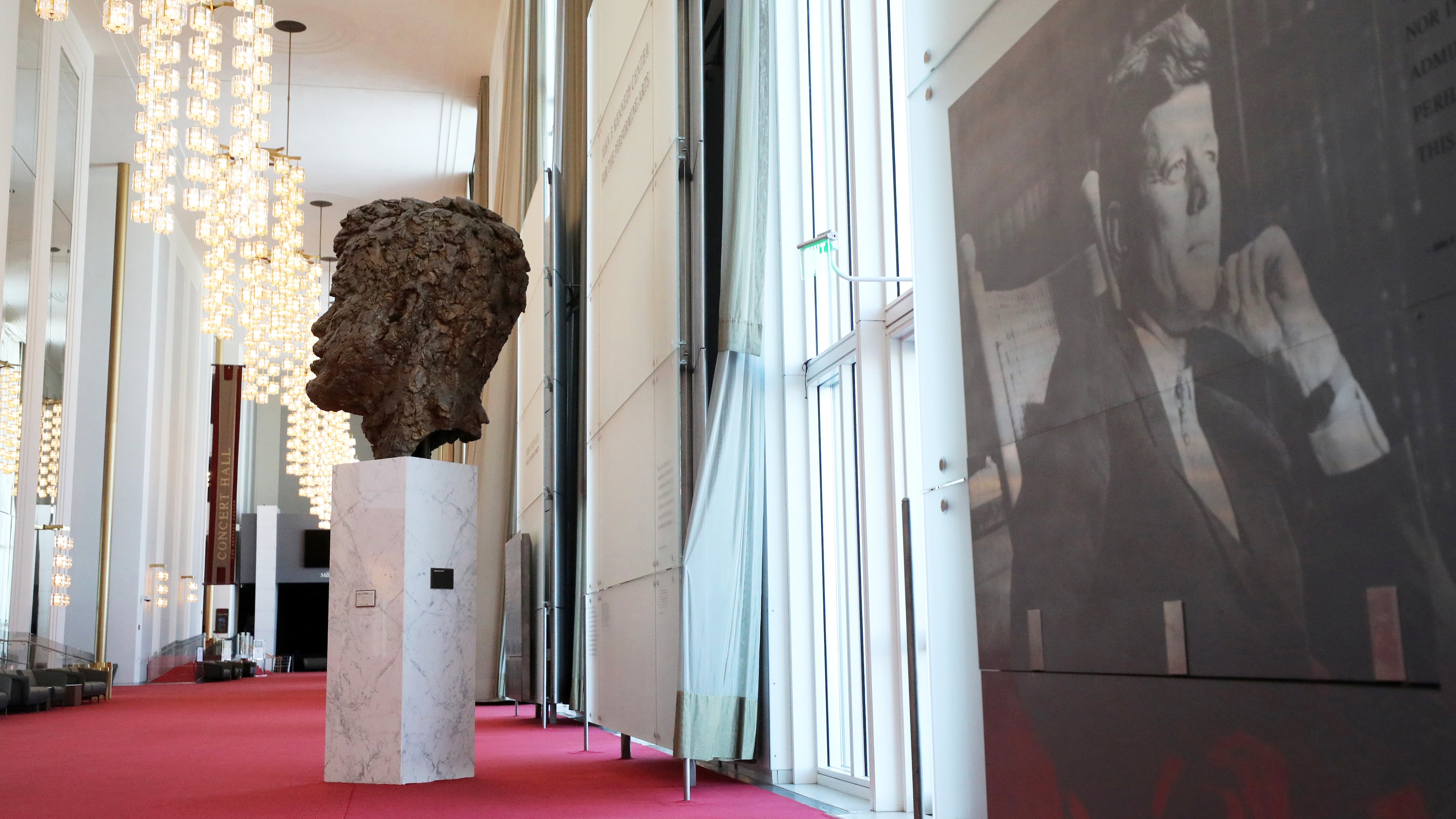 A bronze sculpture of President John F. Kennedy is displayed in the John F. Kennedy Memorial Center For The Performing Arts, Monday, Feb. 2, 2026 in Washington. (AP Photo/Rahmat Gul)