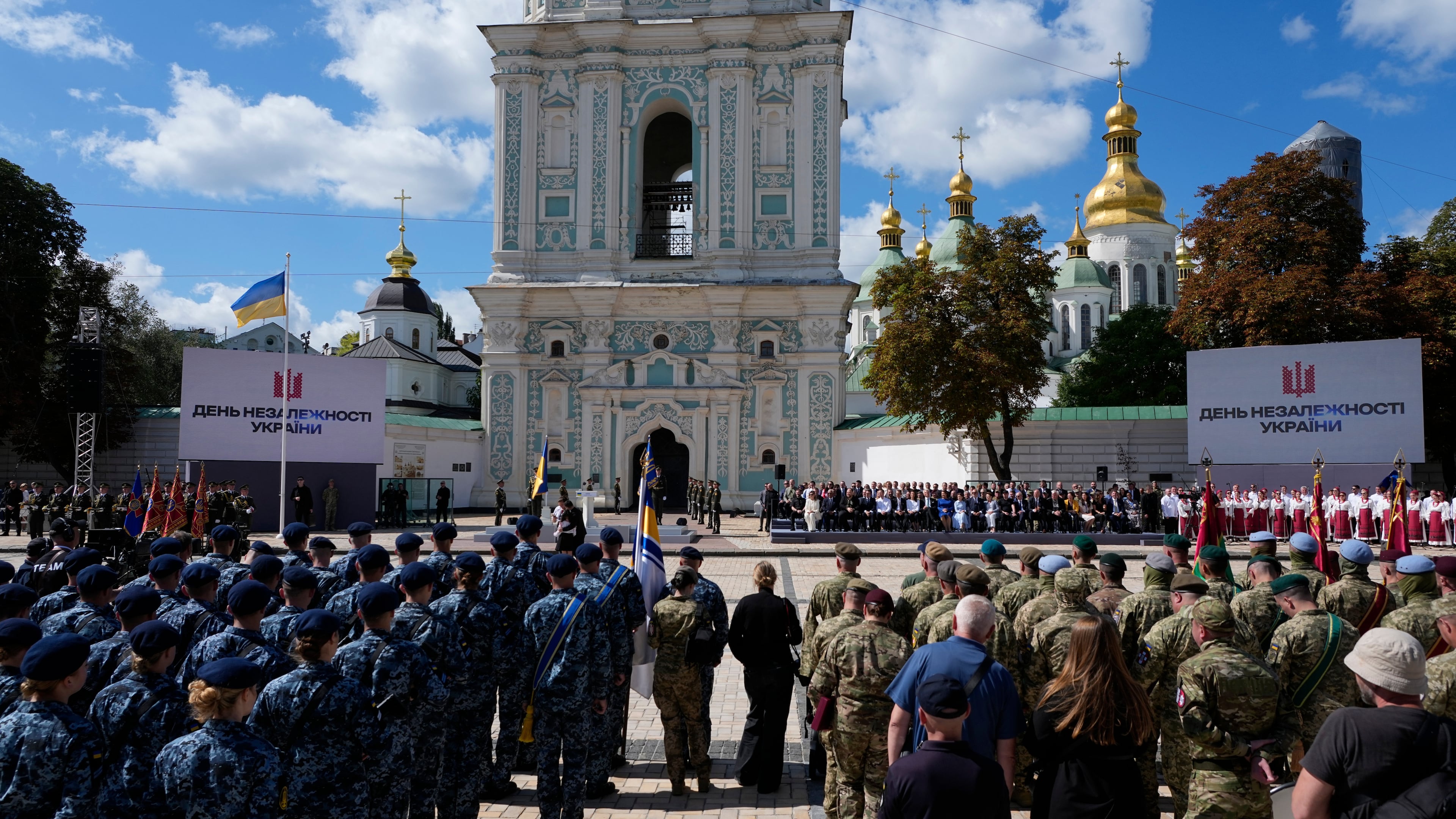 Ukrainian and foreign officials attend a ceremony marking Ukraine's Independence Day in Kyiv, Ukraine, Monday, Aug. 24, 2026. (AP Photo/Efrem Lukatsky)