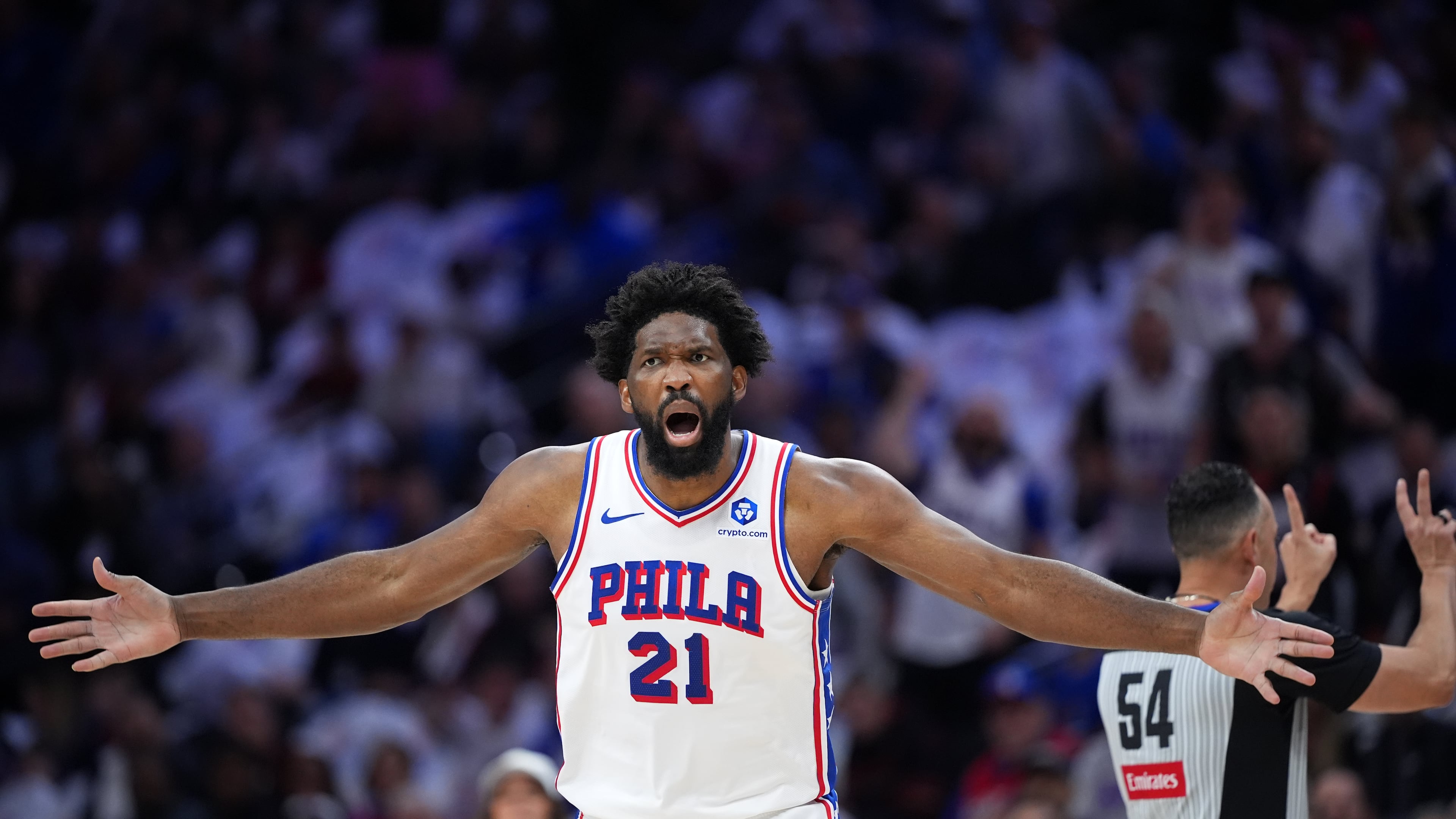 Philadelphia 76ers' Joel Embiid reacts after a foul call during the first half of Game 3 in a second-round NBA basketball playoff series against the New York Knicks Friday, May 8, 2026, in Philadelphia. (AP Photo/Matt Slocum)