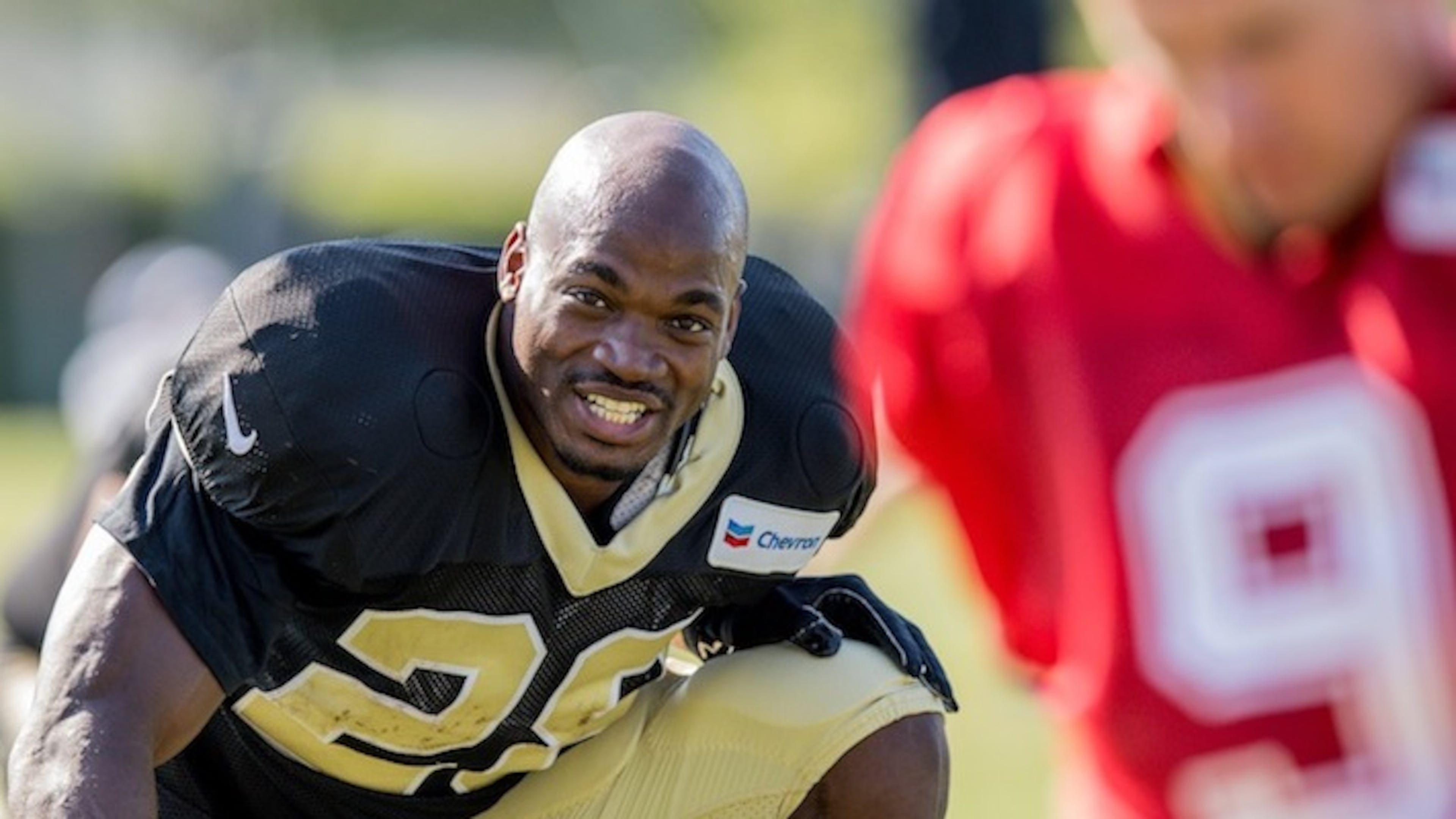 New Orleans Saints running back Adrian Peterson (28) participates in drills during the New Orleans Saints training camp on July 30, 2017 at the Ochsner Sports Performance Center in Metairie, La. (Stephen Lew/Cal Sport Media/Zuma Press/TNS)