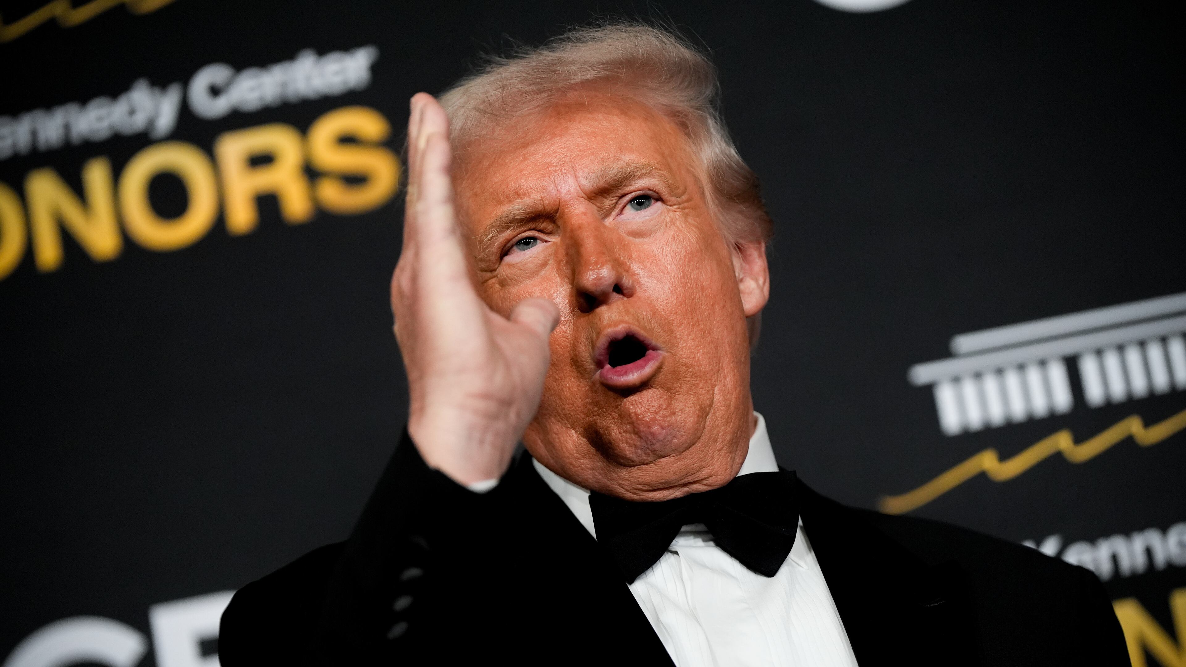 President Donald Trump speaks on the red carpet before the 48th Kennedy Center Honors, Sunday, Dec. 7, 2025, at the John F. Kennedy Center for the Performing Arts in Washington. (AP Photo/Julia Demaree Nikhinson)
