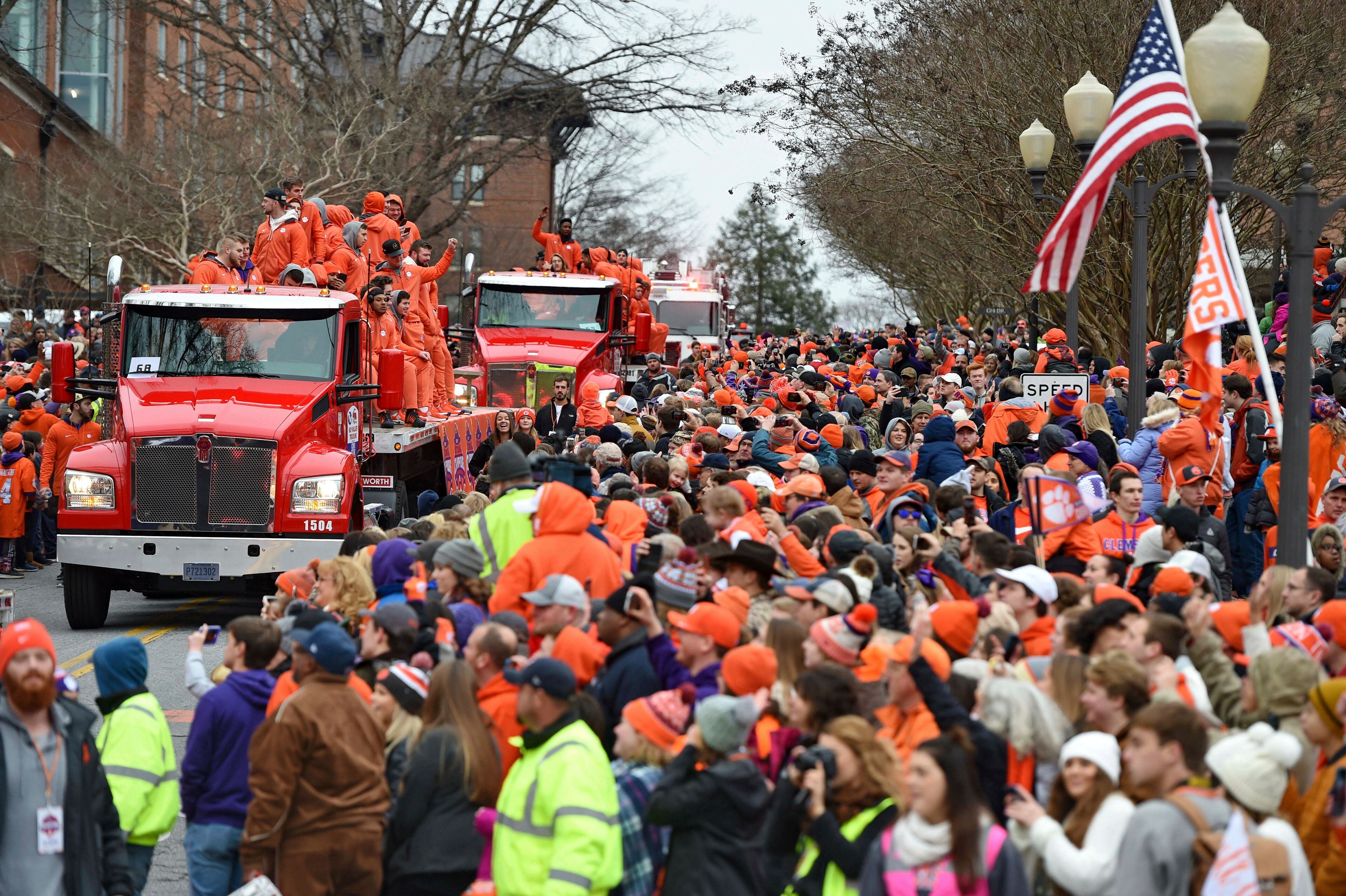 A parade is held honoring Clemson Saturday, Jan. 12, 2019, in Clemson, S.C., The Tigers defeated Alabama 44-16 in the College Football Playoff championship game Monday Jan. 7. (AP Photo/Richard Shiro)