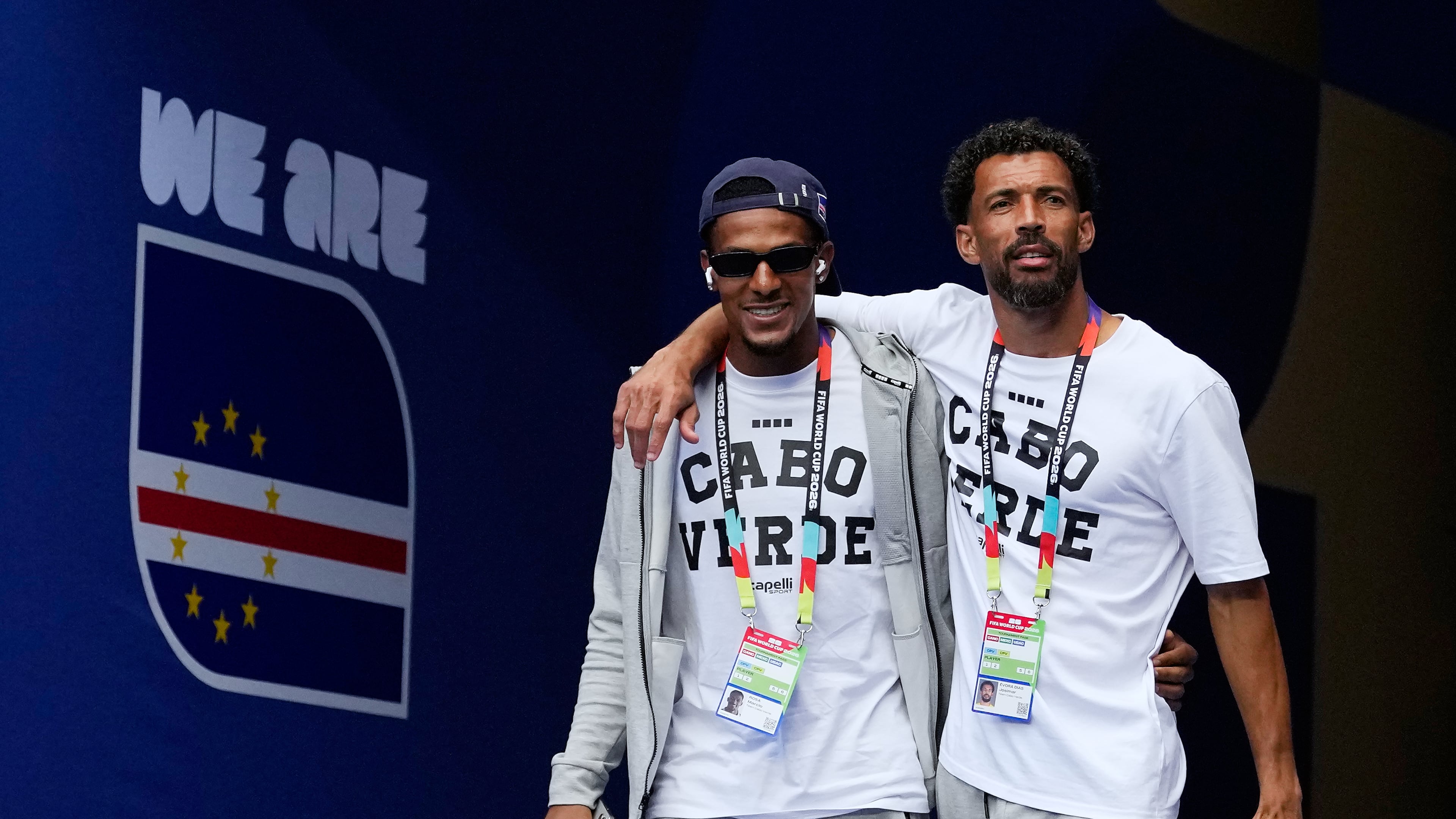 Cape Verde goalkeepers Vozinha, right, and Marcio Rosa walk onto the pitch for a team visit on the eve of their Group H World Cup match against Uruguay, in Miami Gardens, Fla., Saturday, June 20, 2026. (AP Photo/Rebecca Blackwell)
