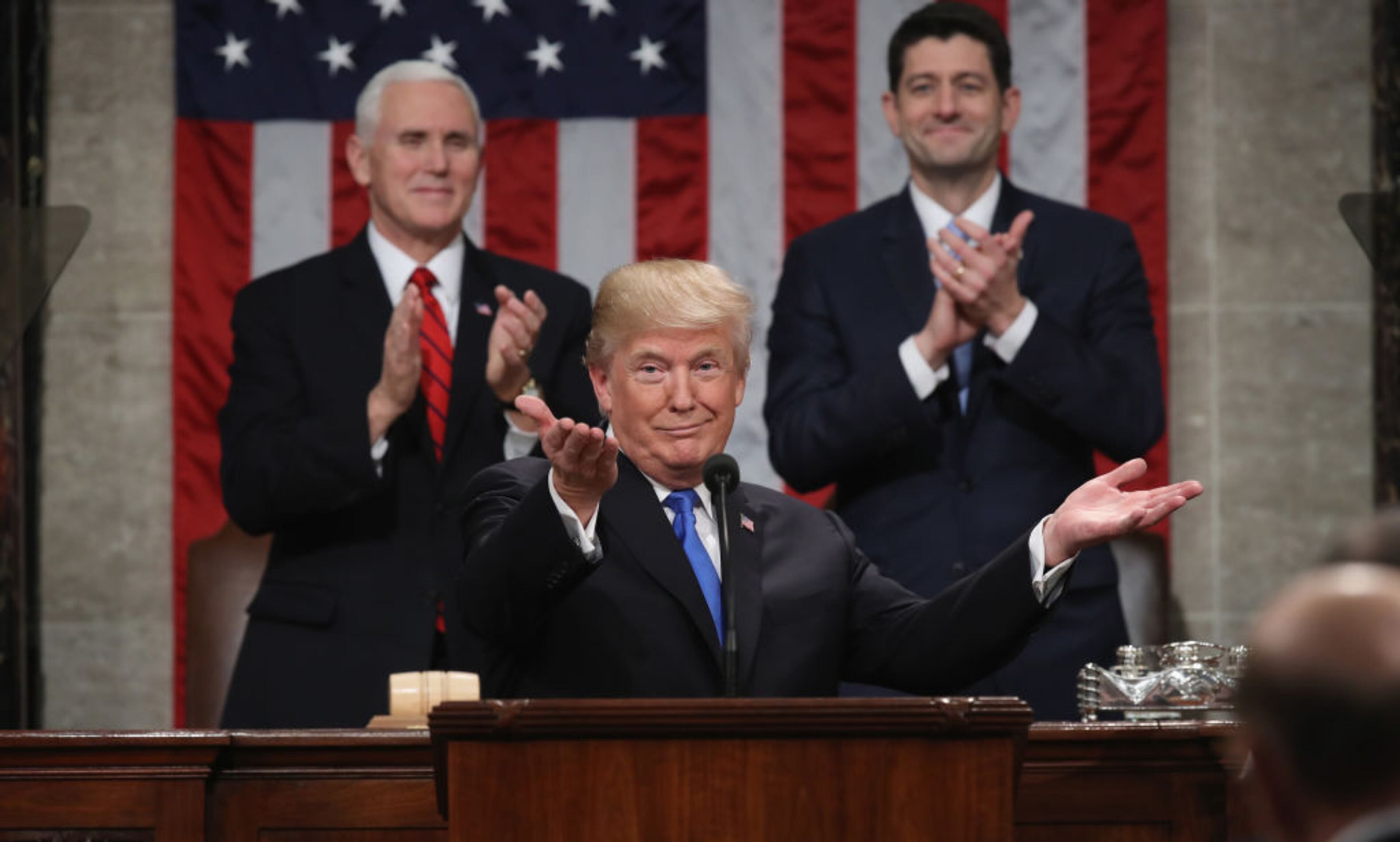 WASHINGTON, DC - JANUARY 30: U.S. President Donald J. Trump delivers the State of the Union address as U.S. Vice President Mike Pence (L) and Speaker of the House U.S. Rep. Paul Ryan (R-WI) (R) look on in the chamber of the U.S. House of Representatives January 30, 2018 in Washington, DC. This is the first State of the Union address given by U.S. President Donald Trump and his second joint-session address to Congress. (Photo by Win McNamee/Getty Images)