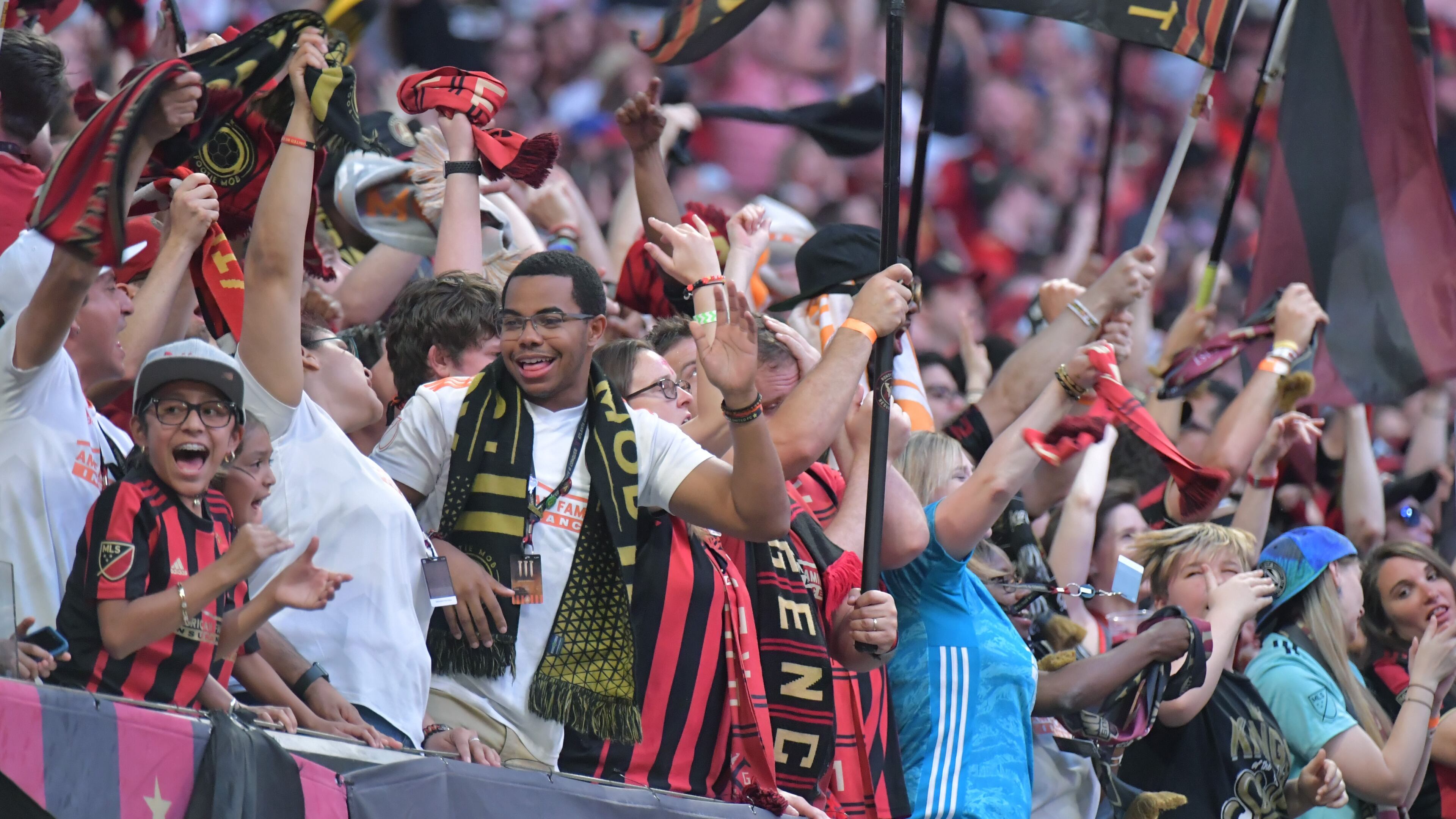 Atlanta United fans react at the end of the second half in a MLS soccer match at Mercedes-Benz Stadium in Atlanta on Saturday, April 27, 2019. Atlanta United won 1-0 over the Colorado Rapids. HYOSUB SHIN / HSHIN@AJC.COM