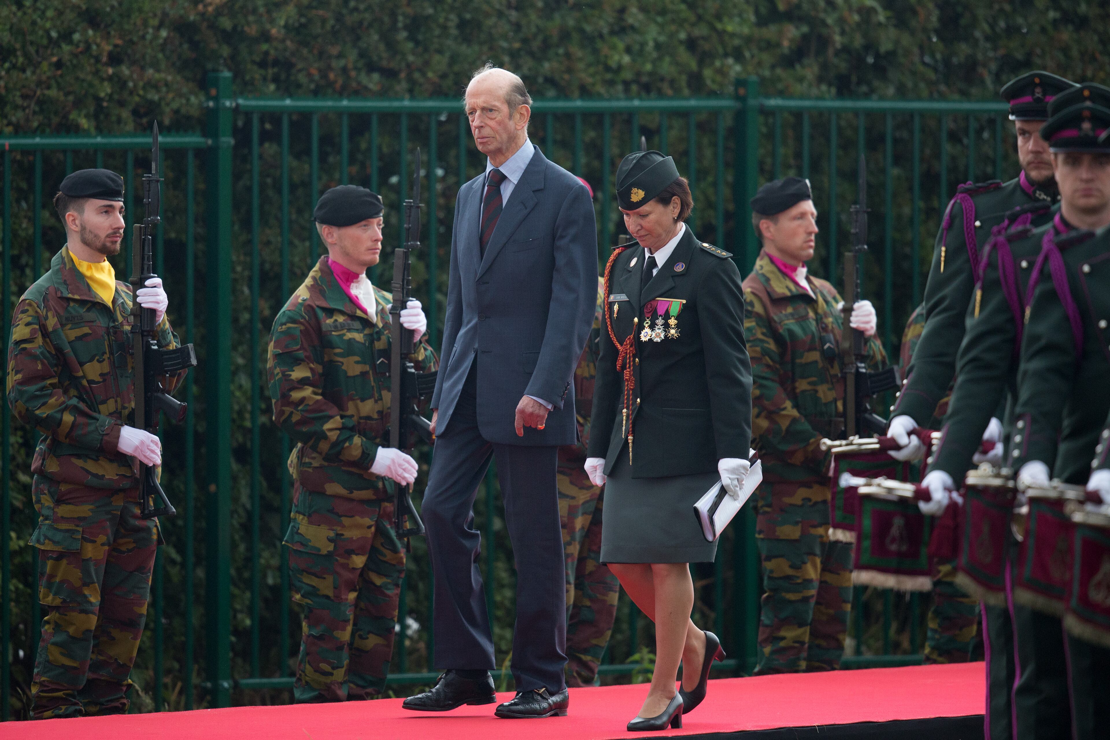 WATERLOO, BELGIUM - JUNE 18: Prince Edward, Duke of Kent arrives to attend the official Belgian federal government ceremony to commemorate the bicentenary of the Battle of Waterloo on June 18, 2015 in Waterloo, Belgium. The ceremony is at the start of three days of official events marking the 200th anniversary of the Battle of Waterloo during which around 5000 historical re-enactors from around the world will take part in events culminating in a re-enactment of the allied defeat of Napoleon's army on June 20th. The 1815 battle saw the overthrow of Napoleon Bonaparte and the restoration of Louis XVIII to the French throne. (Photo by Carl Court/Getty Images)